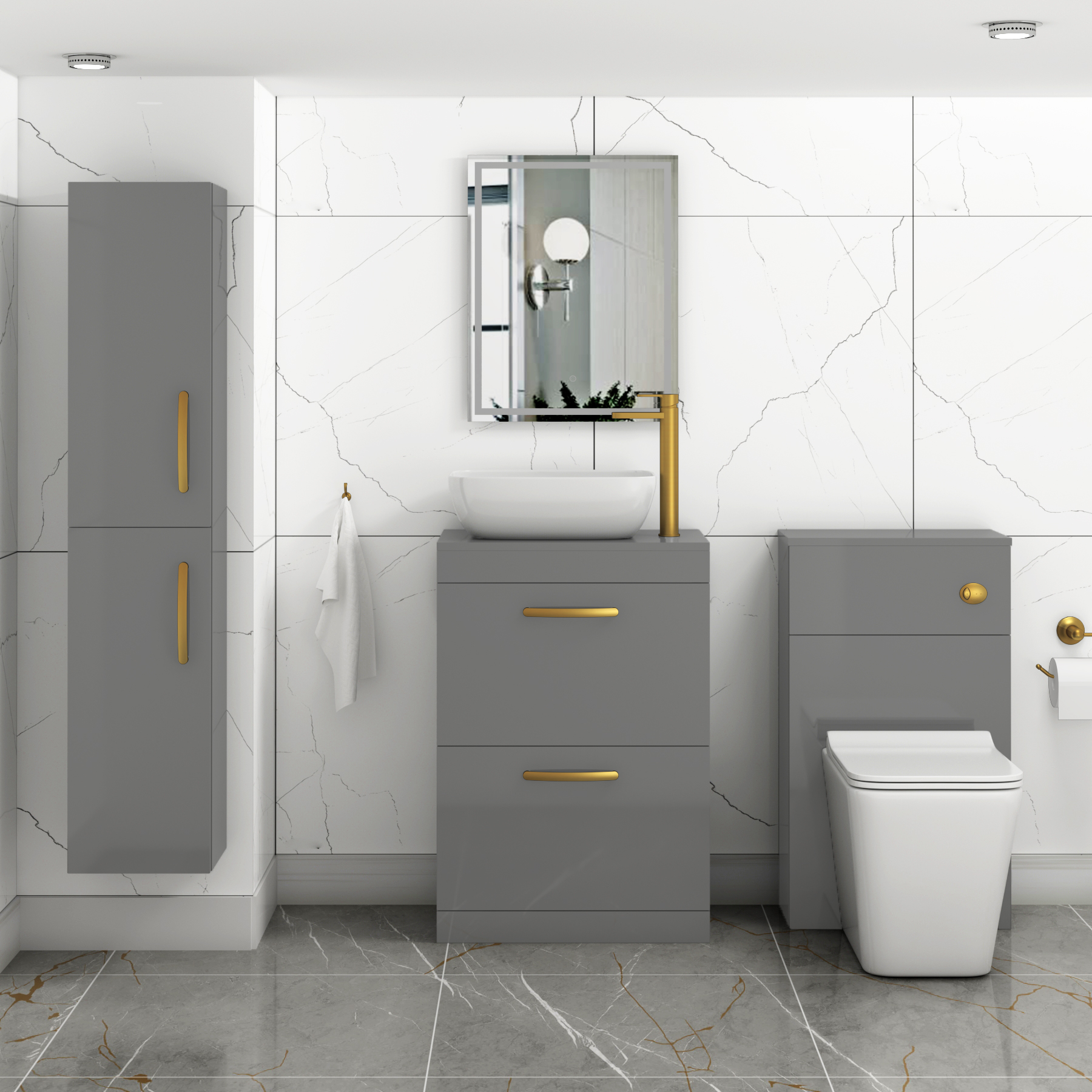 600mm Floor Standing Vanity Unit 2 Drawer Indigo Grey Gloss & Countertop Basin - Elva with Brushed Brass Handle