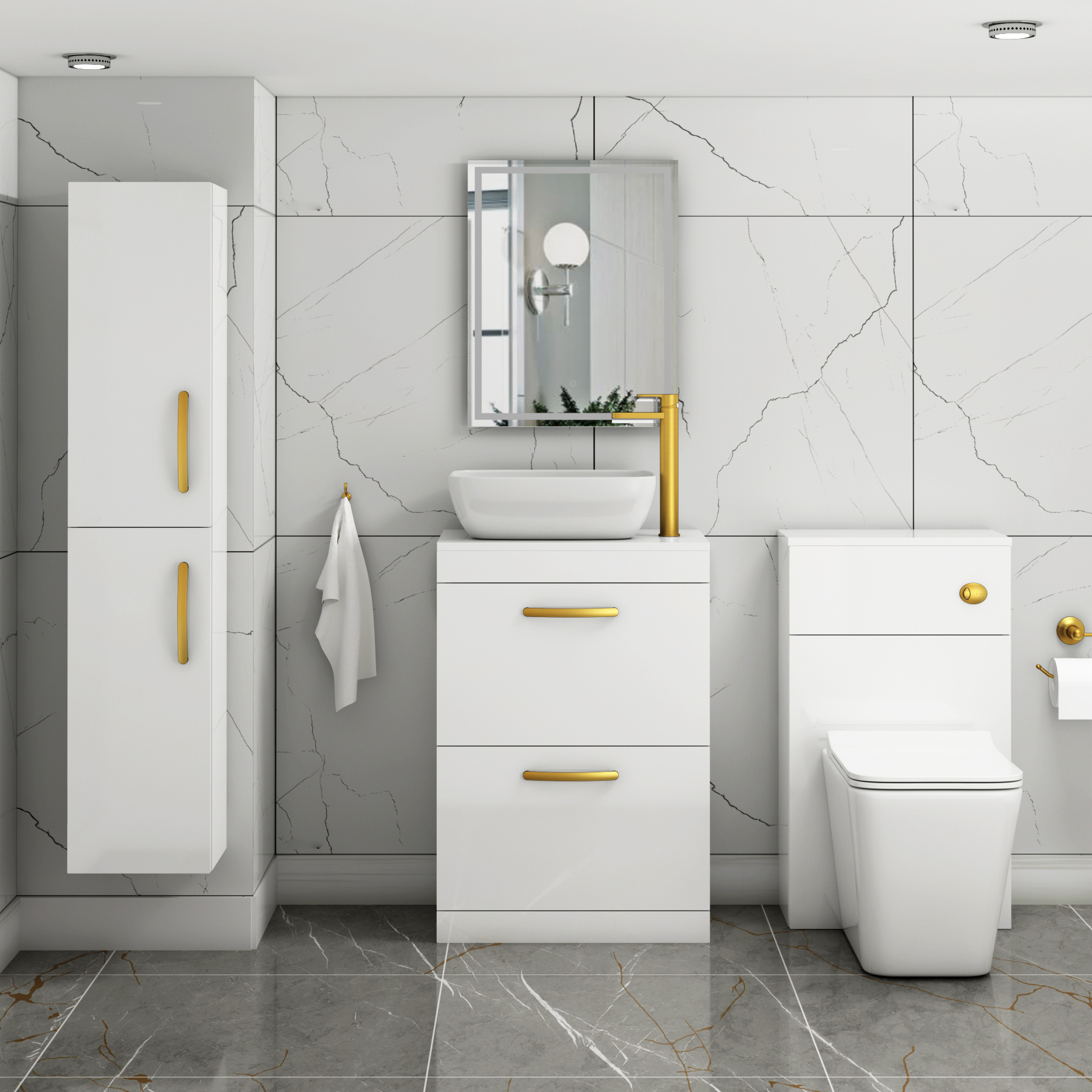 600mm Floor Standing Vanity Unit 2 Drawer Gloss White & Countertop Basin - Elva with Brushed Brass Handle