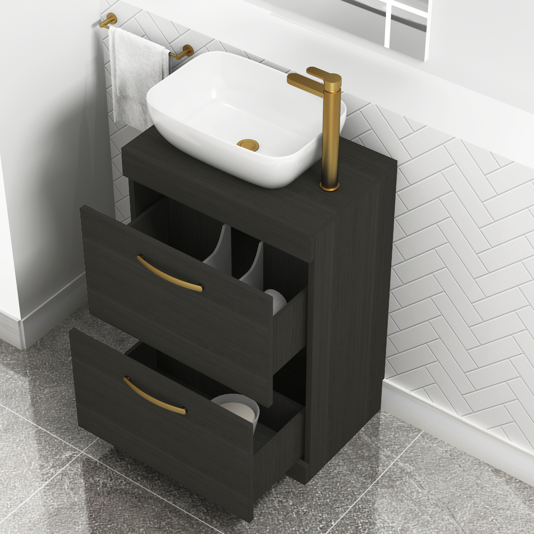 600mm Floor Standing Vanity Unit 2 Drawer Hale Black & Countertop Basin - Elva with Brushed Brass Handle