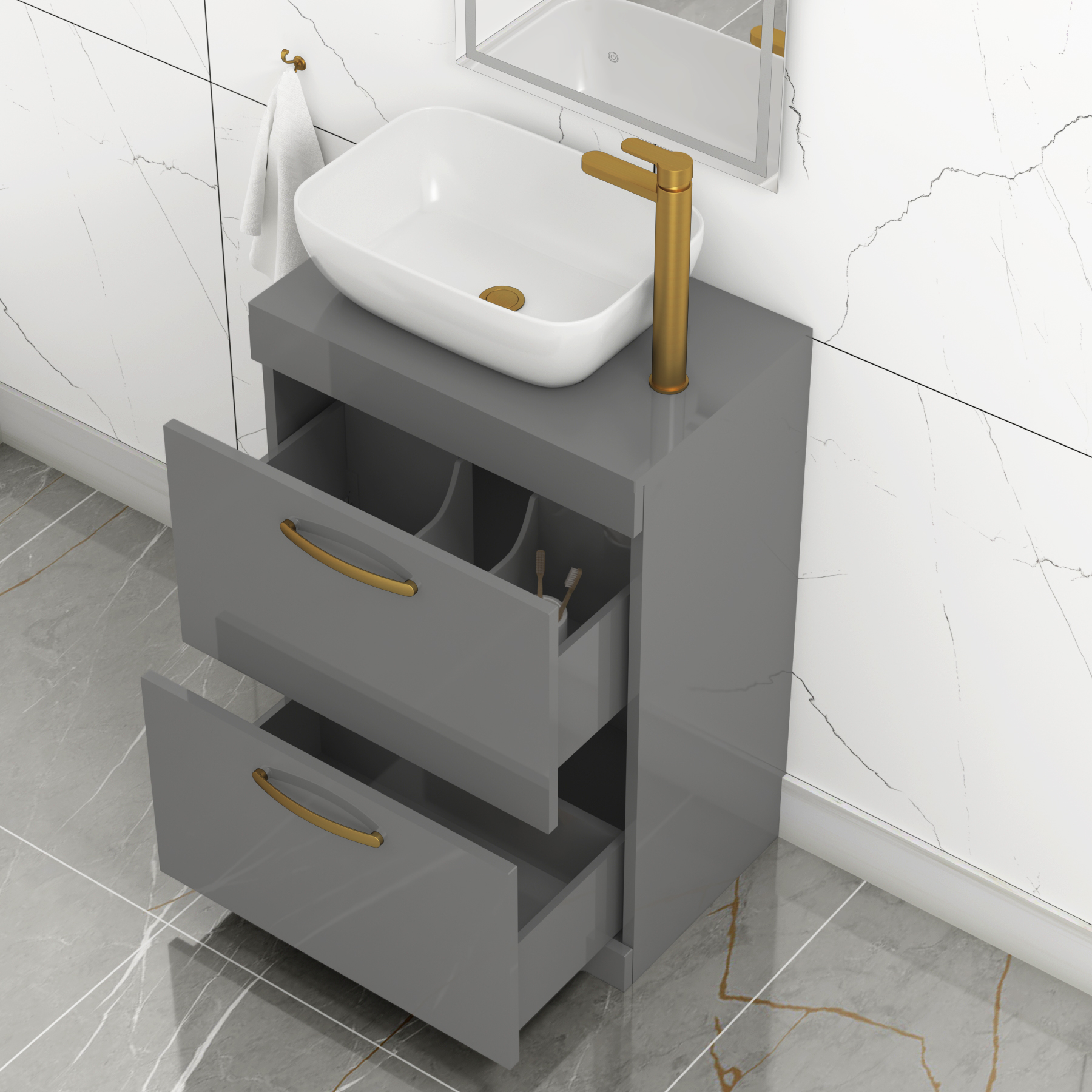600mm Floor Standing Vanity Unit 2 Drawer Indigo Grey Gloss & Countertop Basin - Elva with Brushed Brass Handle