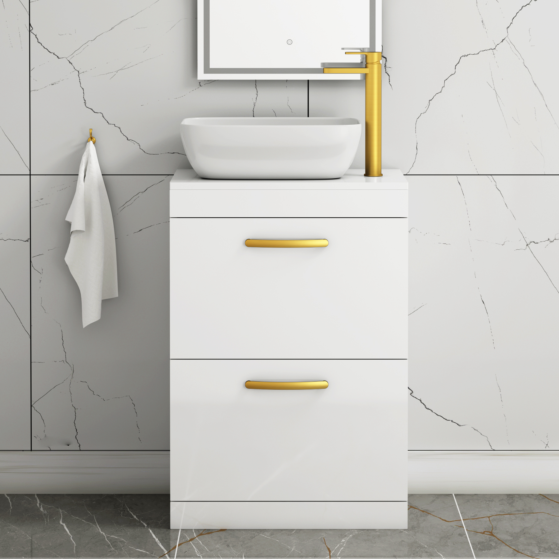 600mm Floor Standing Vanity Unit 2 Drawer Gloss White & Countertop Basin - Elva with Brushed Brass Handle