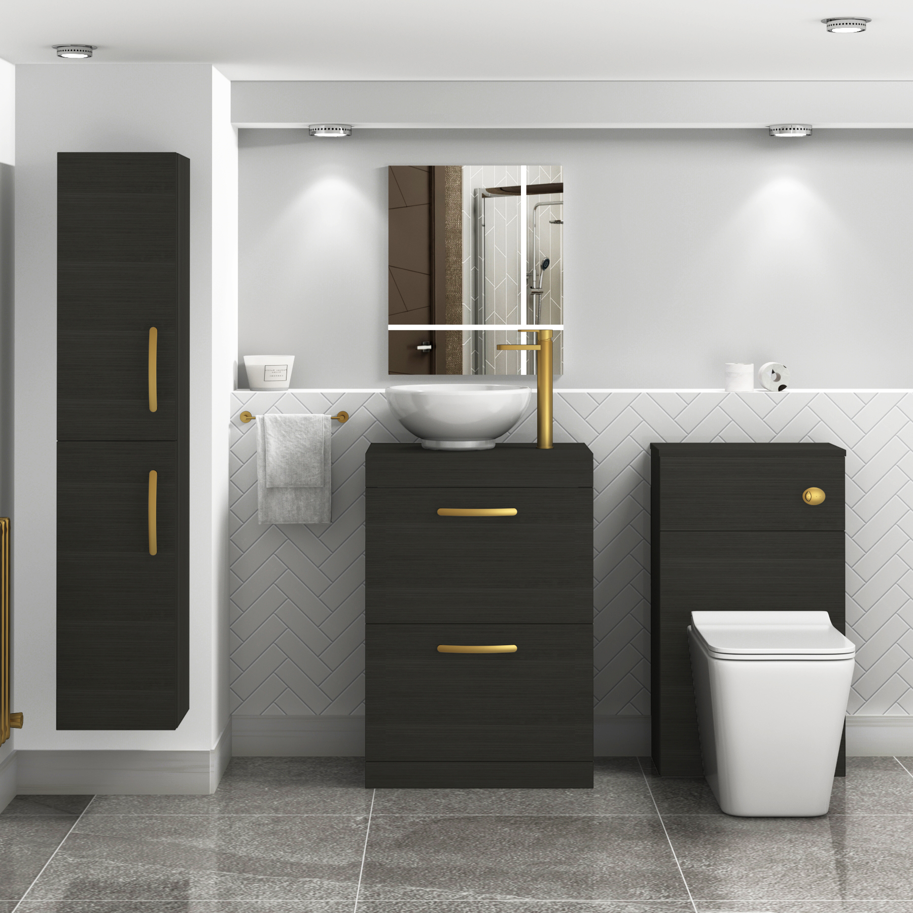 600mm Floor Standing Vanity Unit 2 Drawer Hale Black & Countertop Basin - Breeze with Brushed Brass Handle