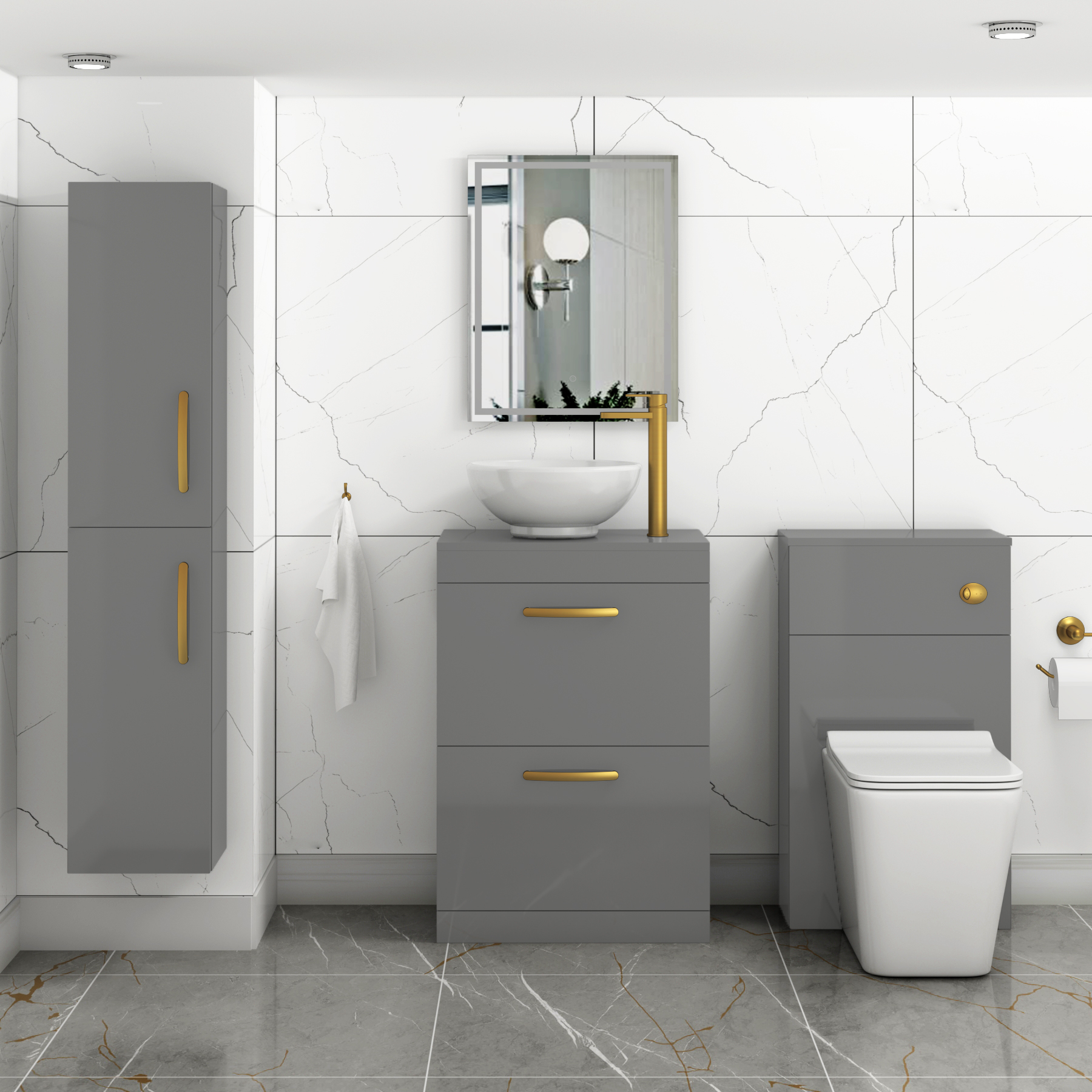 600mm Floor Standing Vanity Unit 2 Drawer Indigo Grey Gloss & Countertop Basin - Breeze with Brushed Brass Handle