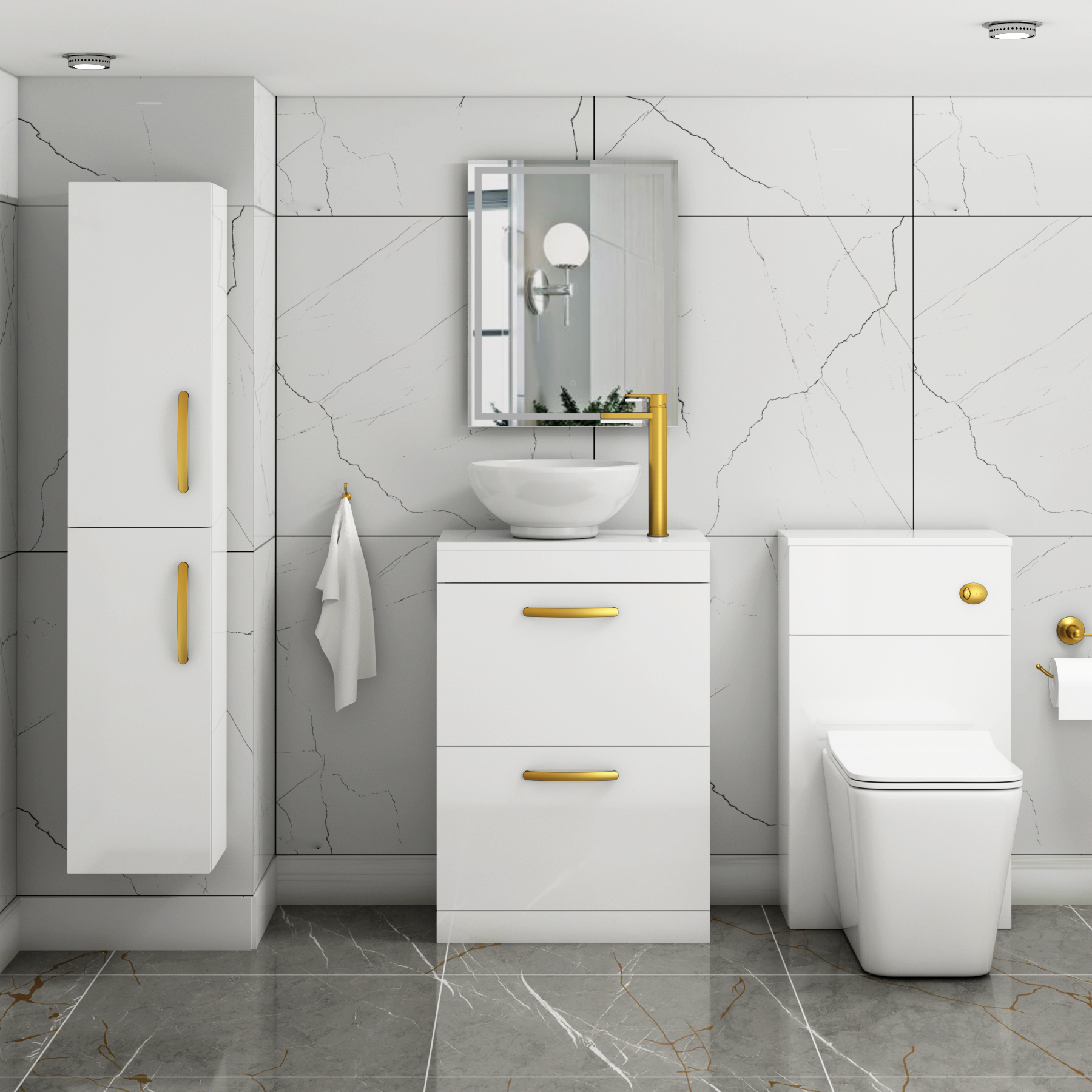 600mm Floor Standing Vanity Unit 2 Drawer Gloss White & Countertop Basin - Breeze with Brushed Brass Handle