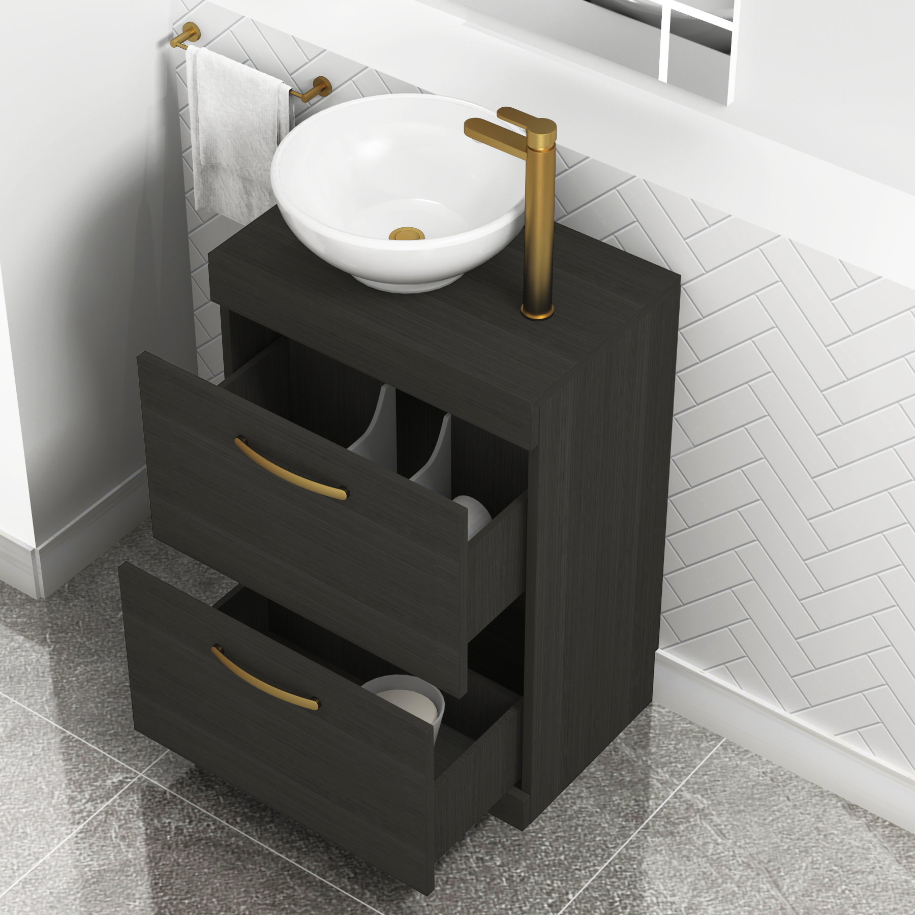 600mm Floor Standing Vanity Unit 2 Drawer Hale Black & Countertop Basin - Breeze with Brushed Brass Handle