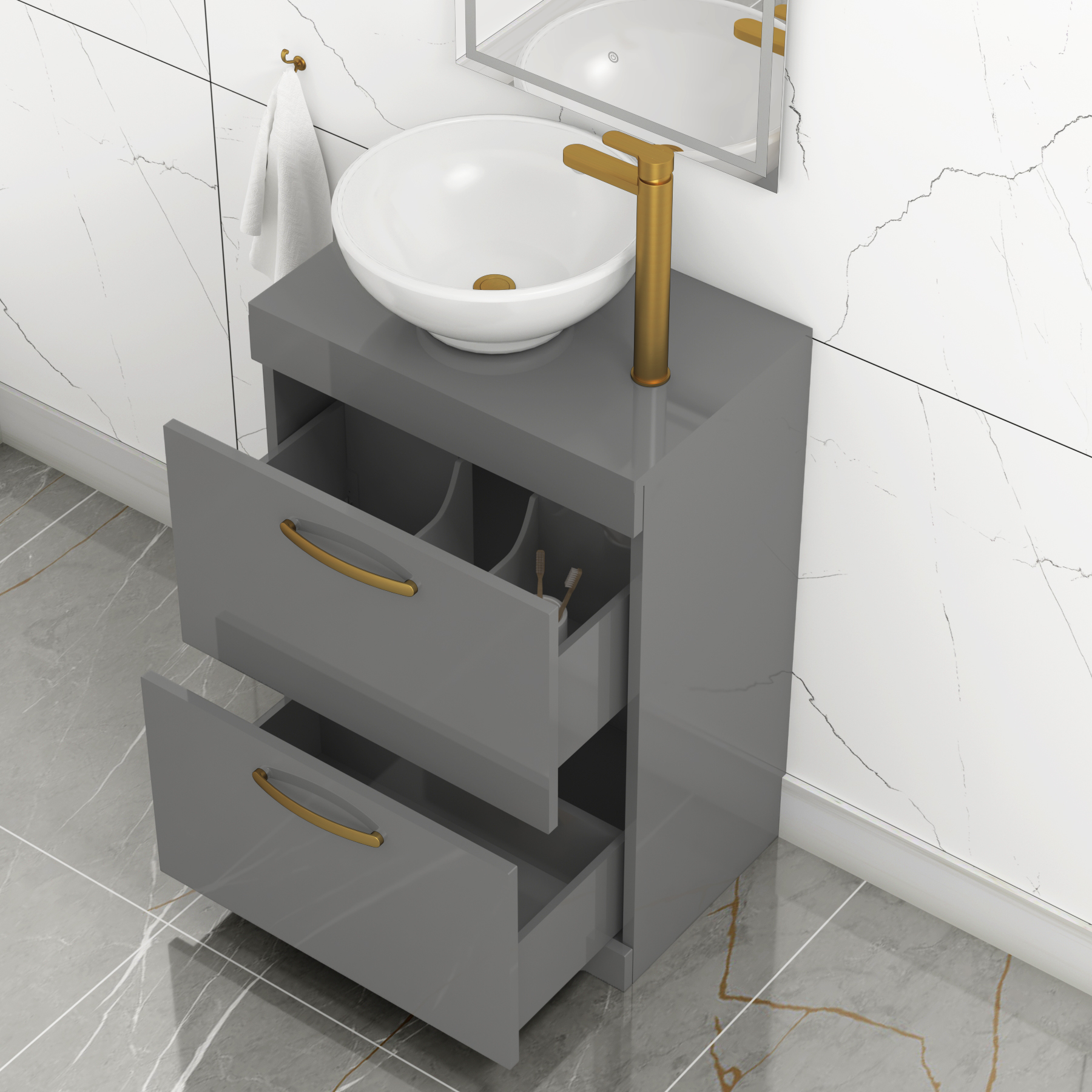 600mm Floor Standing Vanity Unit 2 Drawer Indigo Grey Gloss & Countertop Basin - Breeze with Brushed Brass Handle