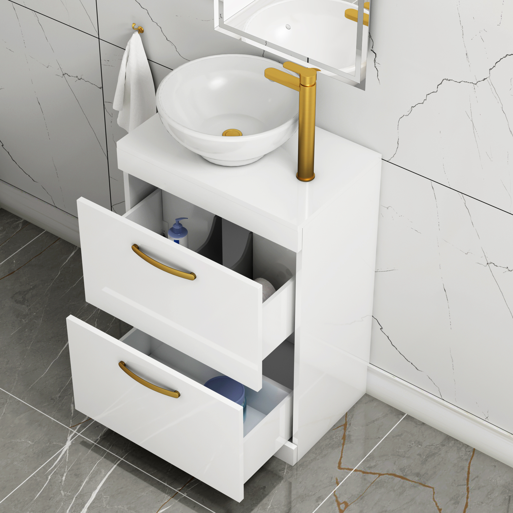 600mm Floor Standing Vanity Unit 2 Drawer Gloss White & Countertop Basin - Breeze with Brushed Brass Handle