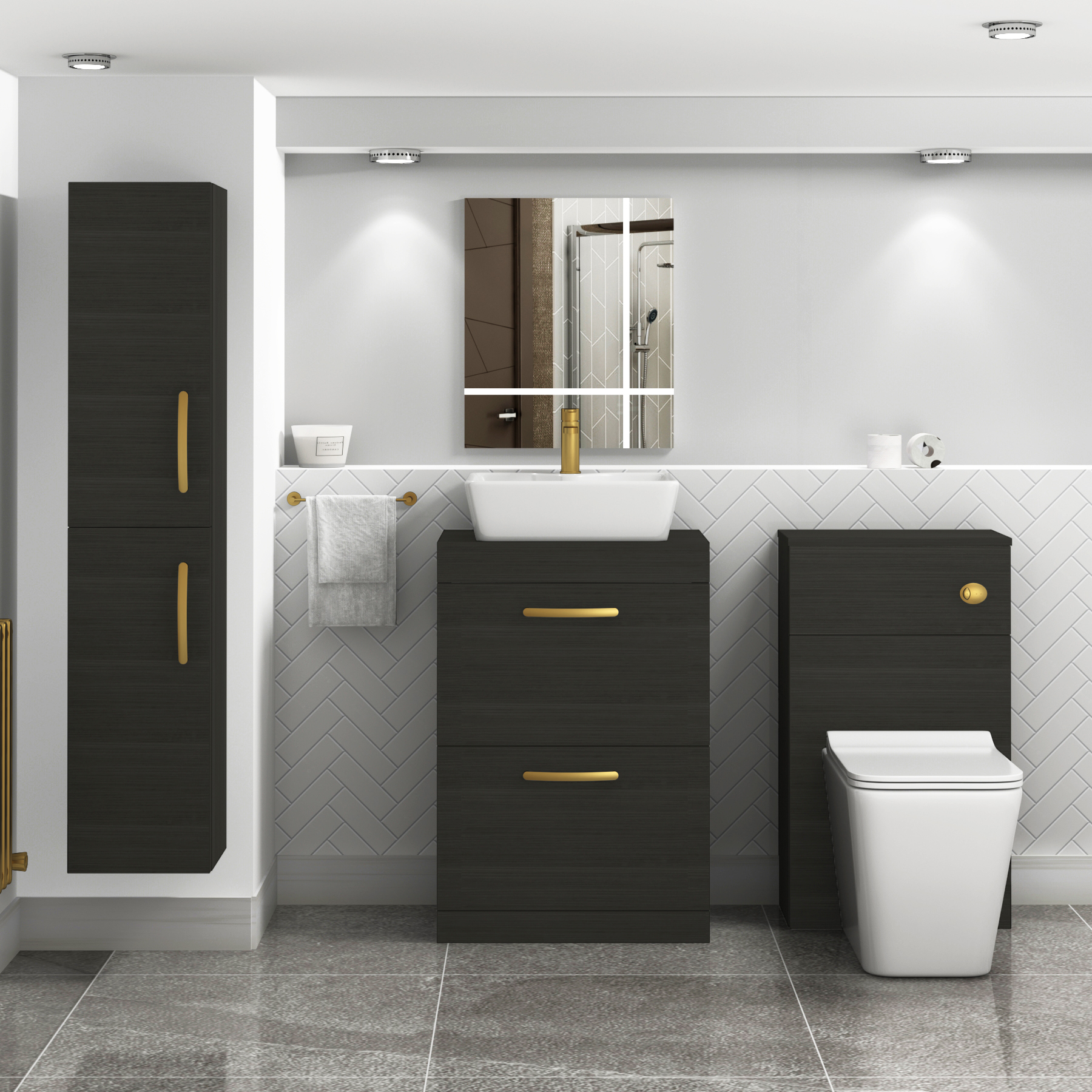 600mm Floor Standing Vanity Unit 2 Drawer Hale Black & Countertop Basin - Cube with Brushed Brass Handle