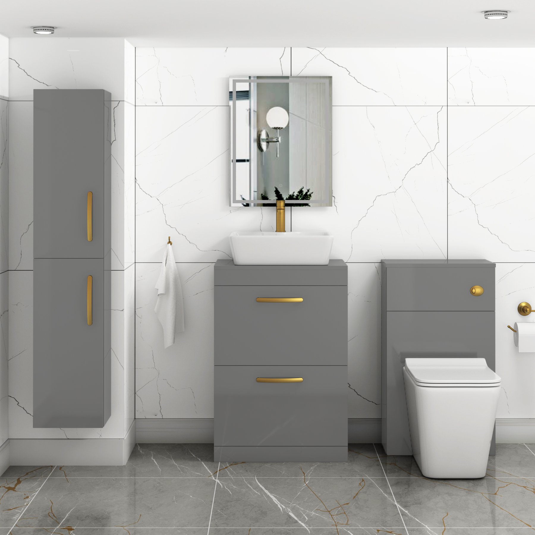 600mm Floor Standing Vanity Unit 2 Drawer Indigo Grey Gloss & Countertop Basin - Cube with Brushed Brass Handle