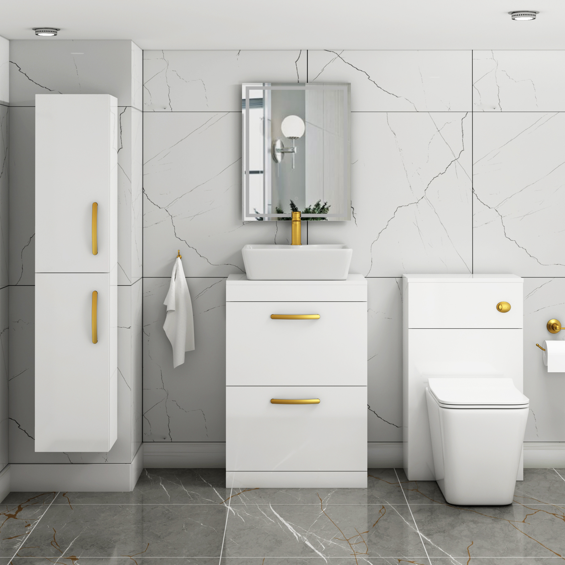 600mm Floor Standing Vanity Unit 2 Drawer Gloss White & Countertop Basin - Cube with Brushed Brass Handle