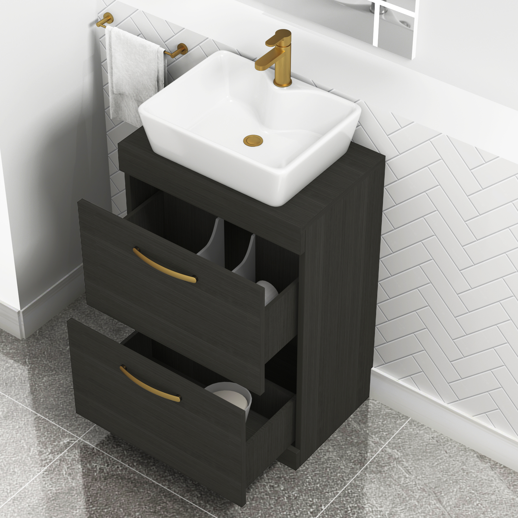 600mm Floor Standing Vanity Unit 2 Drawer Hale Black & Countertop Basin - Cube with Brushed Brass Handle