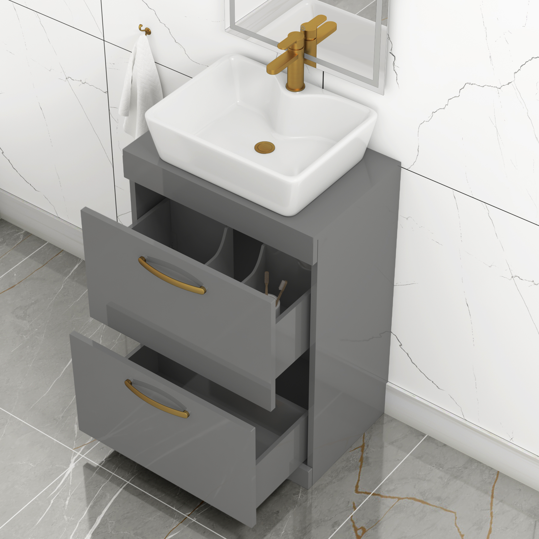 600mm Floor Standing Vanity Unit 2 Drawer Indigo Grey Gloss & Countertop Basin - Cube with Brushed Brass Handle