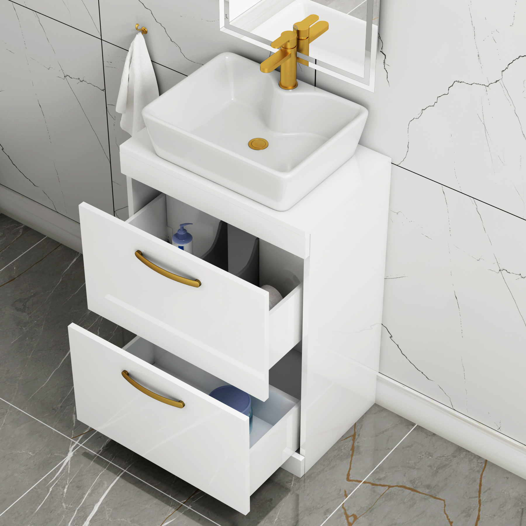 600mm Floor Standing Vanity Unit 2 Drawer Gloss White & Countertop Basin - Cube with Brushed Brass Handle