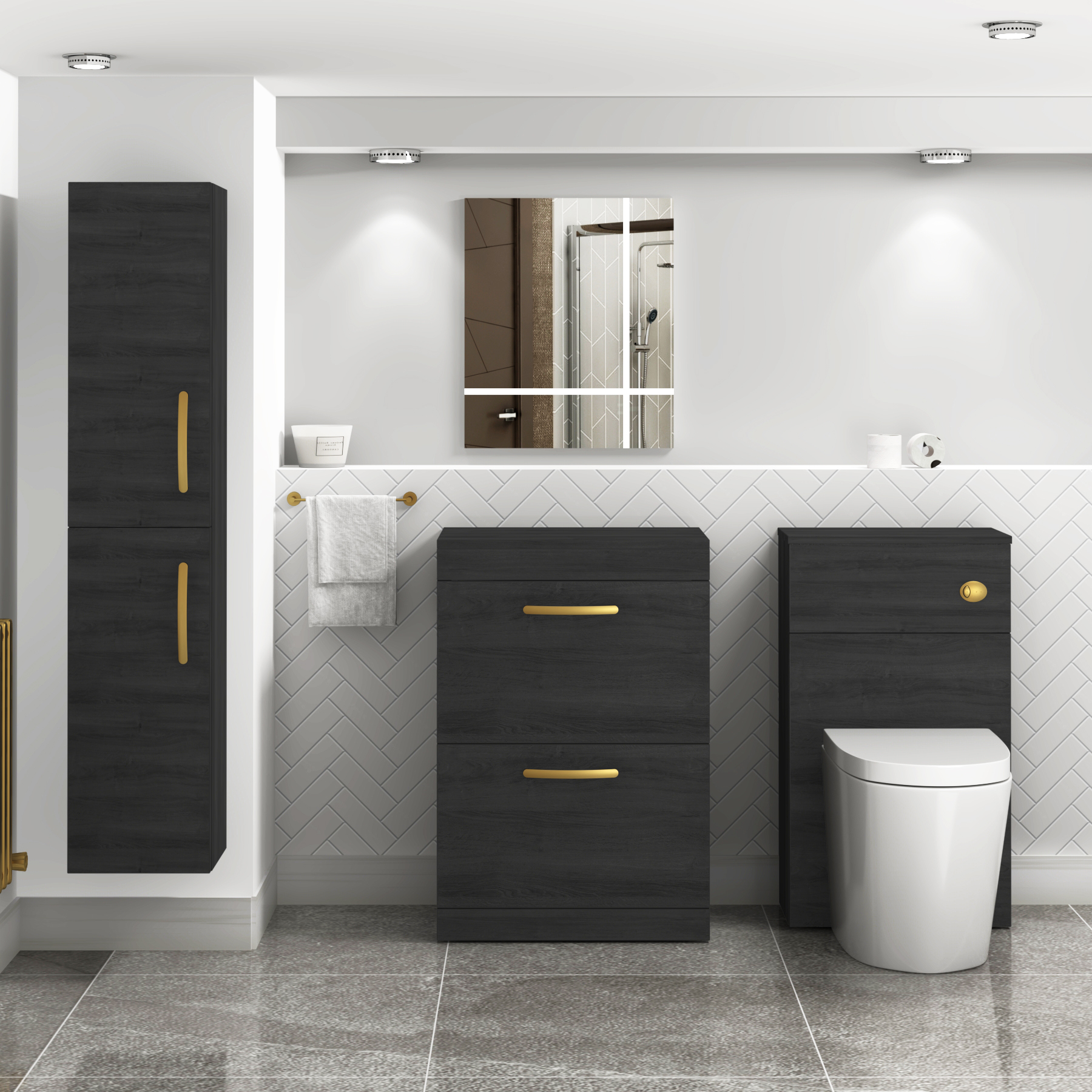  Turin 600mm Hale Black Floor Standing Worktop Vanity Unit - 2 Drawer with Brushed Brass Handle