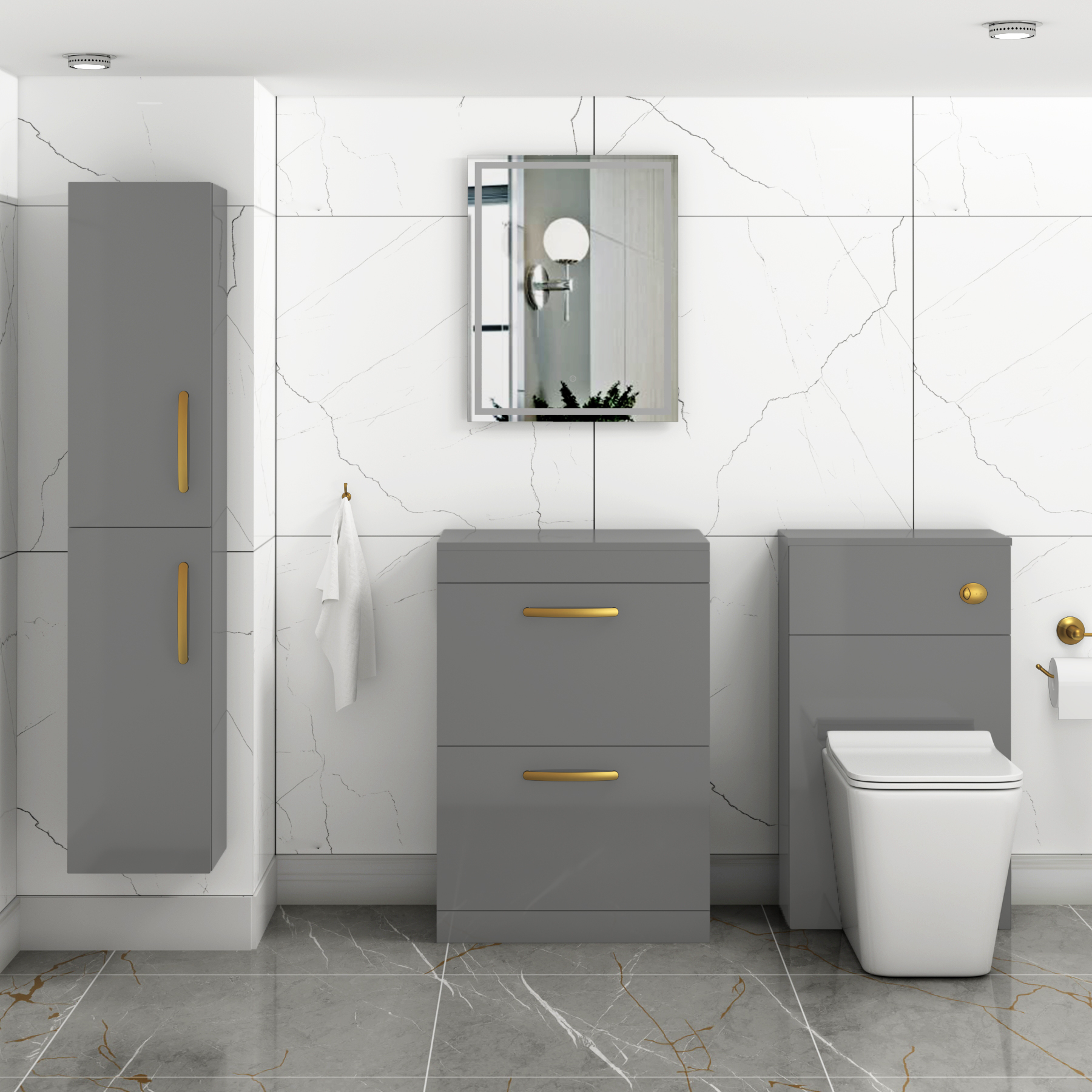  Turin 600mm Indigo Grey Gloss Floor Standing Worktop Vanity Unit - 2 Drawer with Brushed Brass Handle