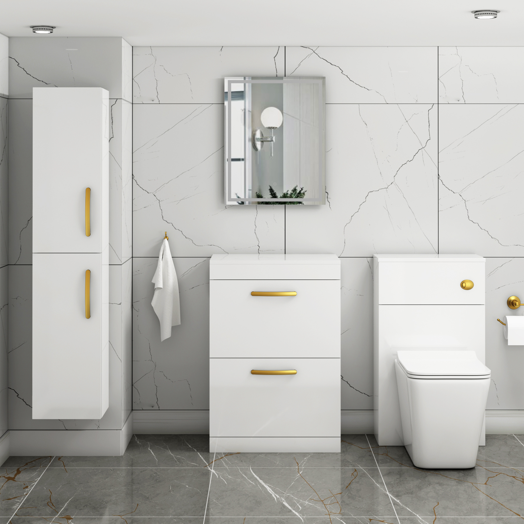  Turin 600mm Gloss White Floor Standing Worktop Vanity Unit - 2 Drawer with Brushed Brass Handle