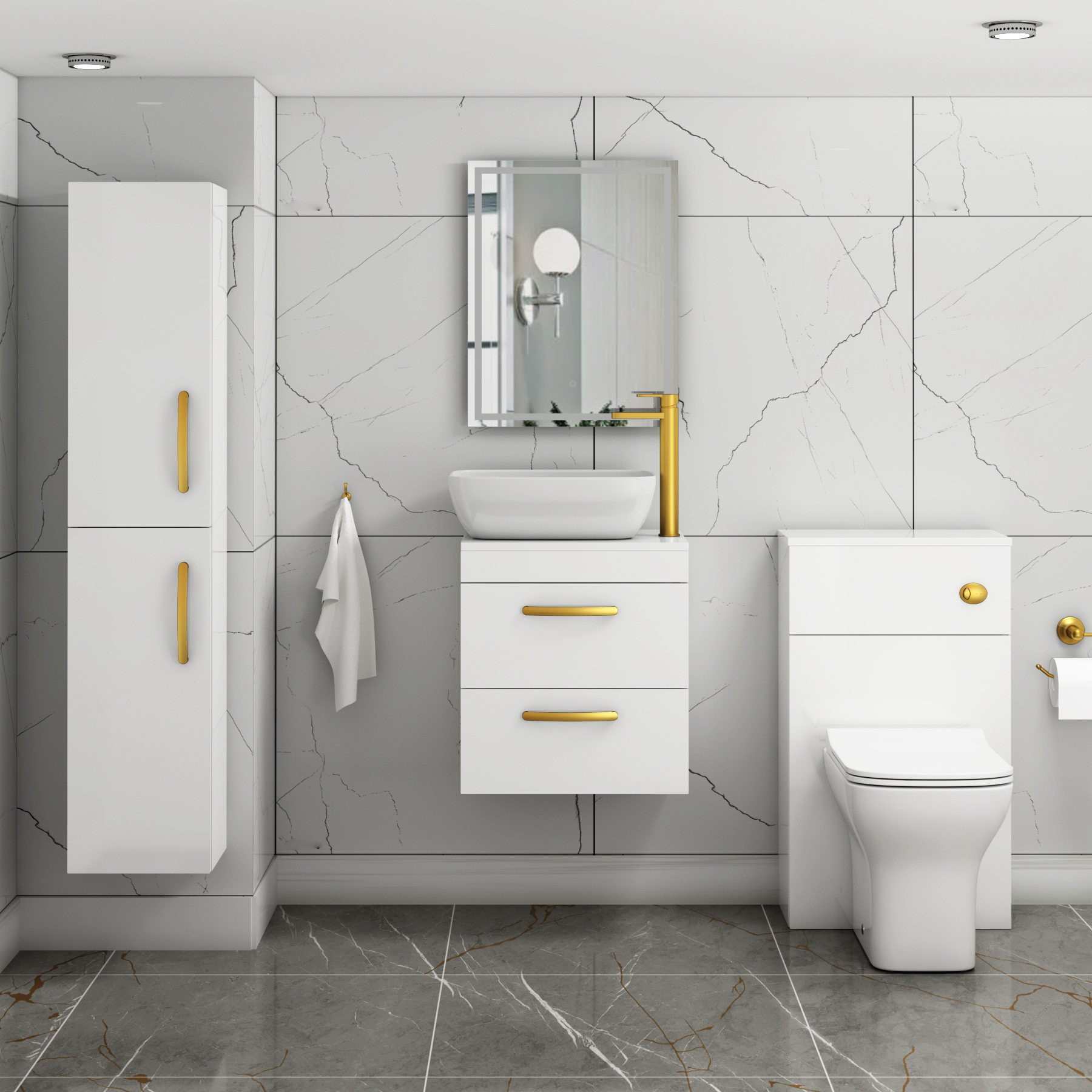 500mm Wall Hung Vanity Unit 2 Drawer Gloss White & Elva Countertop Basin with Brushed Brass Handle