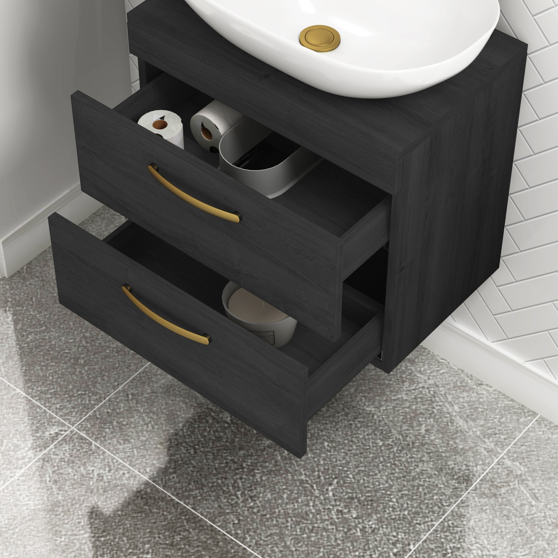 500mm Hale Black 2 Drawer Wall Mounted Bathroom Vanity Unit with Basin & Elva Countertop Sinkwith Brushed Brass Handle