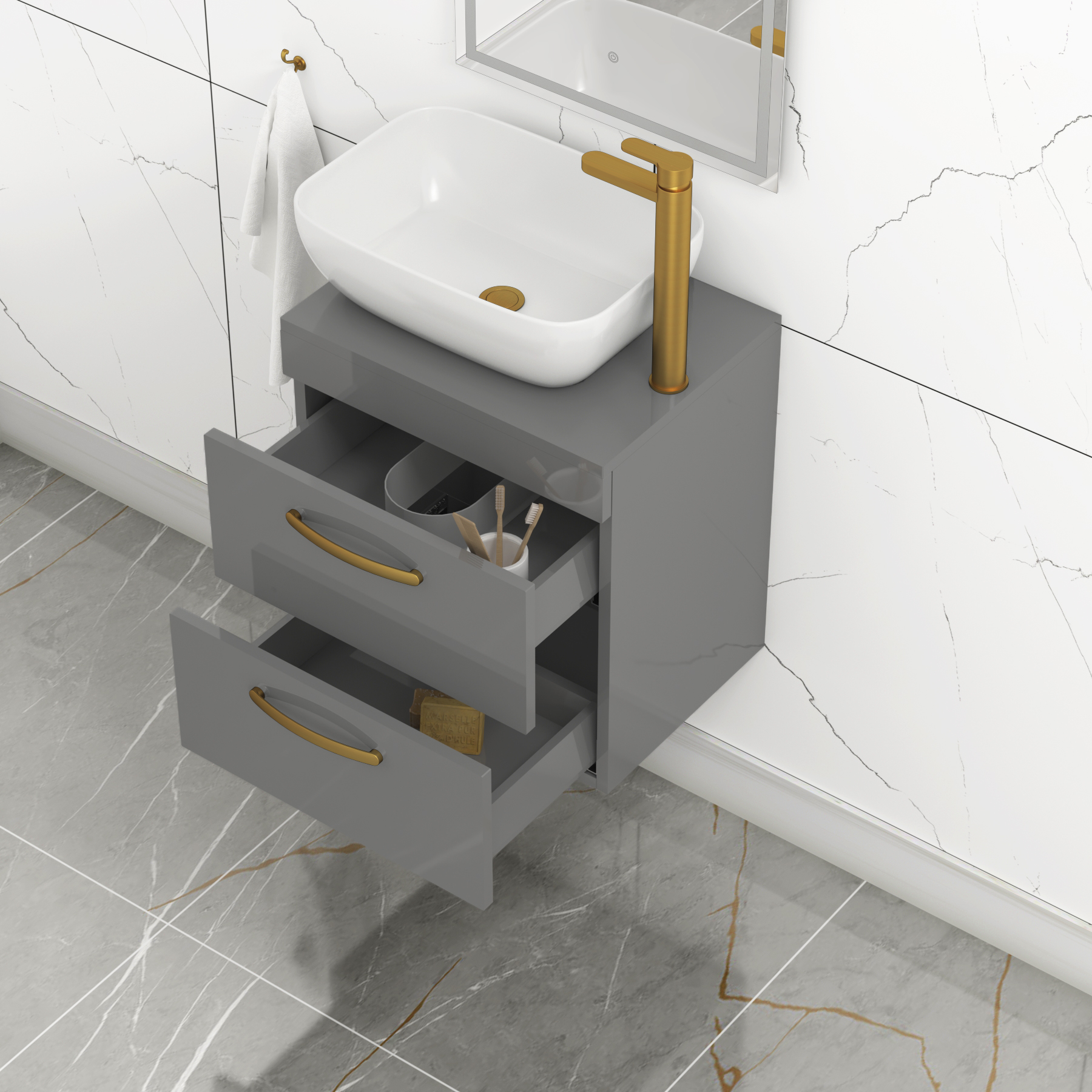 500mm Wall Hung Vanity Unit 2 Drawer Indigo Grey Gloss & Elva Countertop Basin with Brushed Brass Handle
