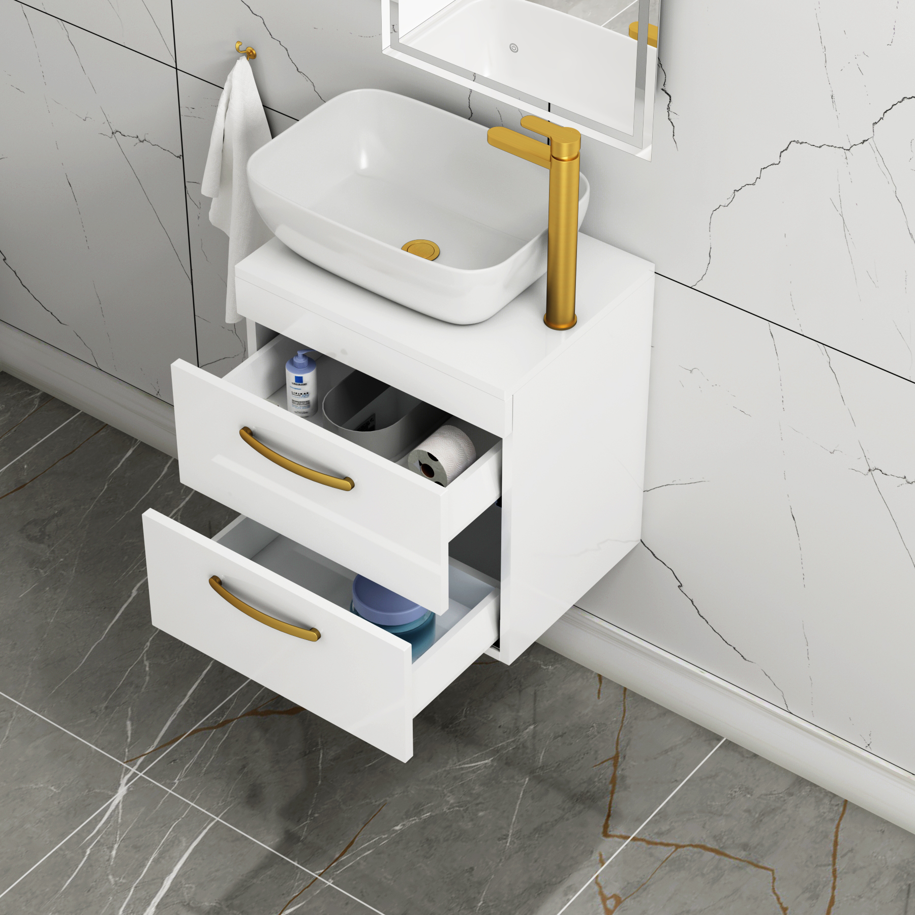 500mm Wall Hung Vanity Unit 2 Drawer Gloss White & Elva Countertop Basin with Brushed Brass Handle