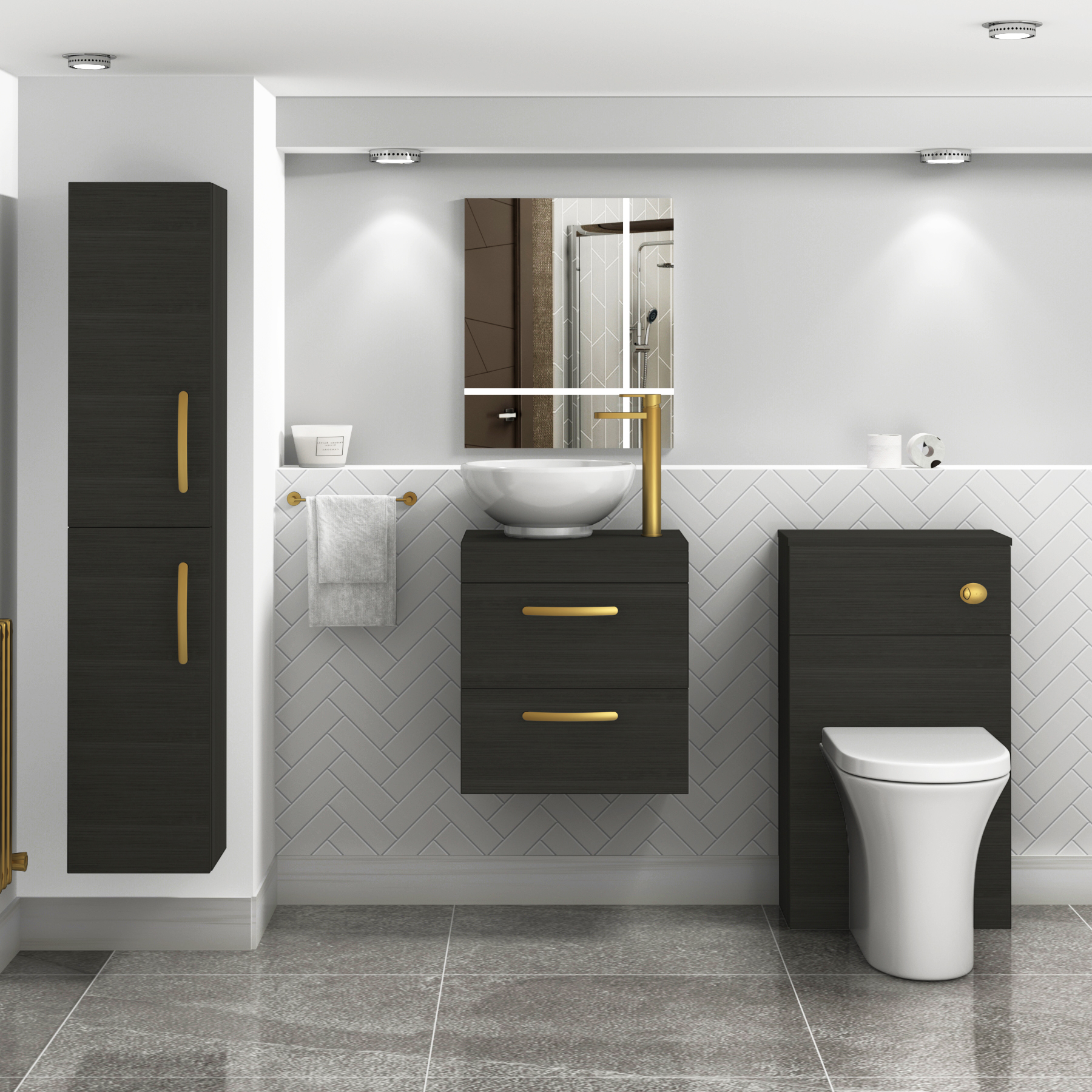 500mm Wall Hung Vanity Unit 2 Drawer Hale Black & Breeze Countertop Basin with Brushed Brass Handle