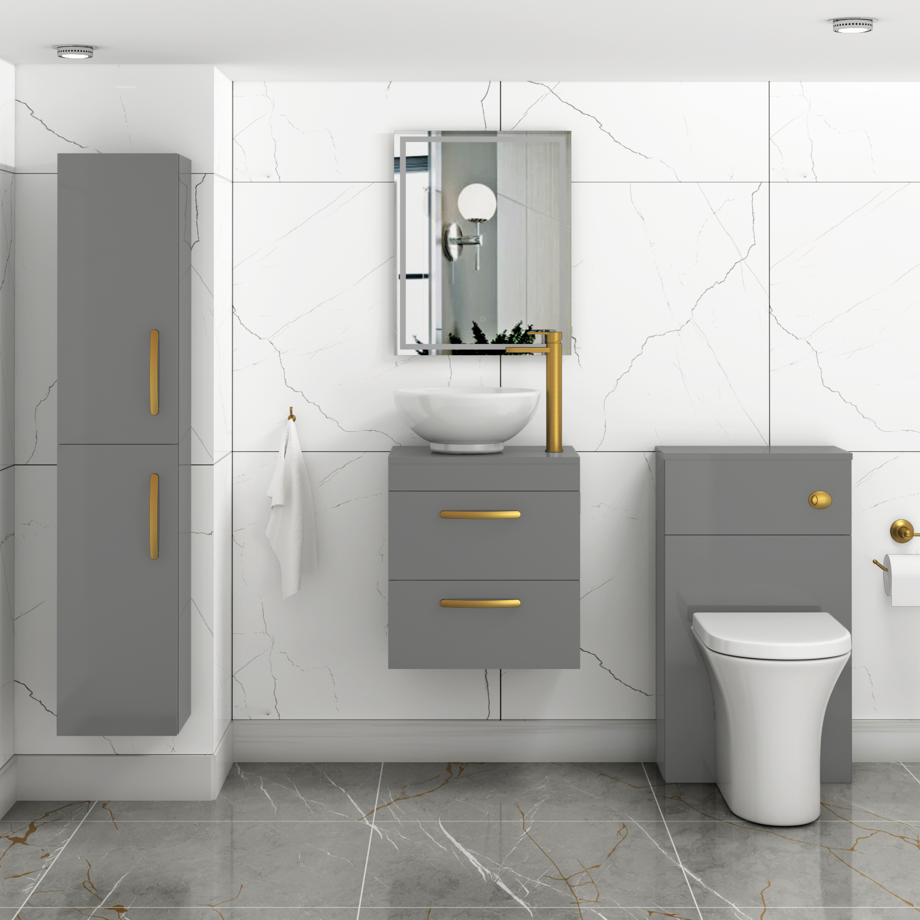 500mm Wall Hung Vanity Unit 2 Drawer Indigo Grey Gloss & Breeze Countertop Basin with Brushed Brass Handle