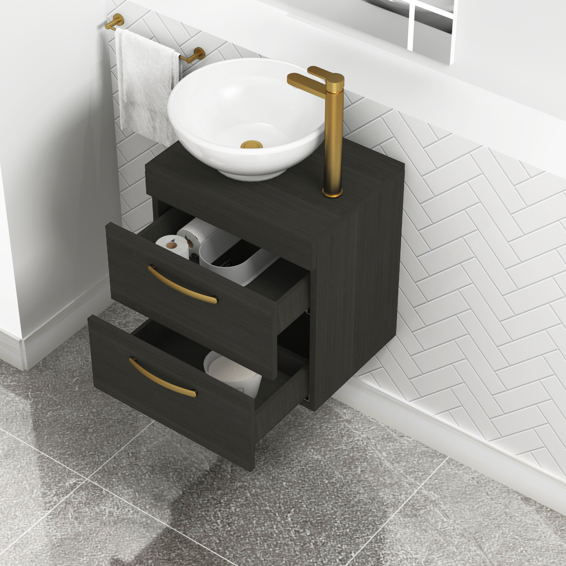 500mm Wall Hung Vanity Unit 2 Drawer Hale Black & Breeze Countertop Basin with Brushed Brass Handle