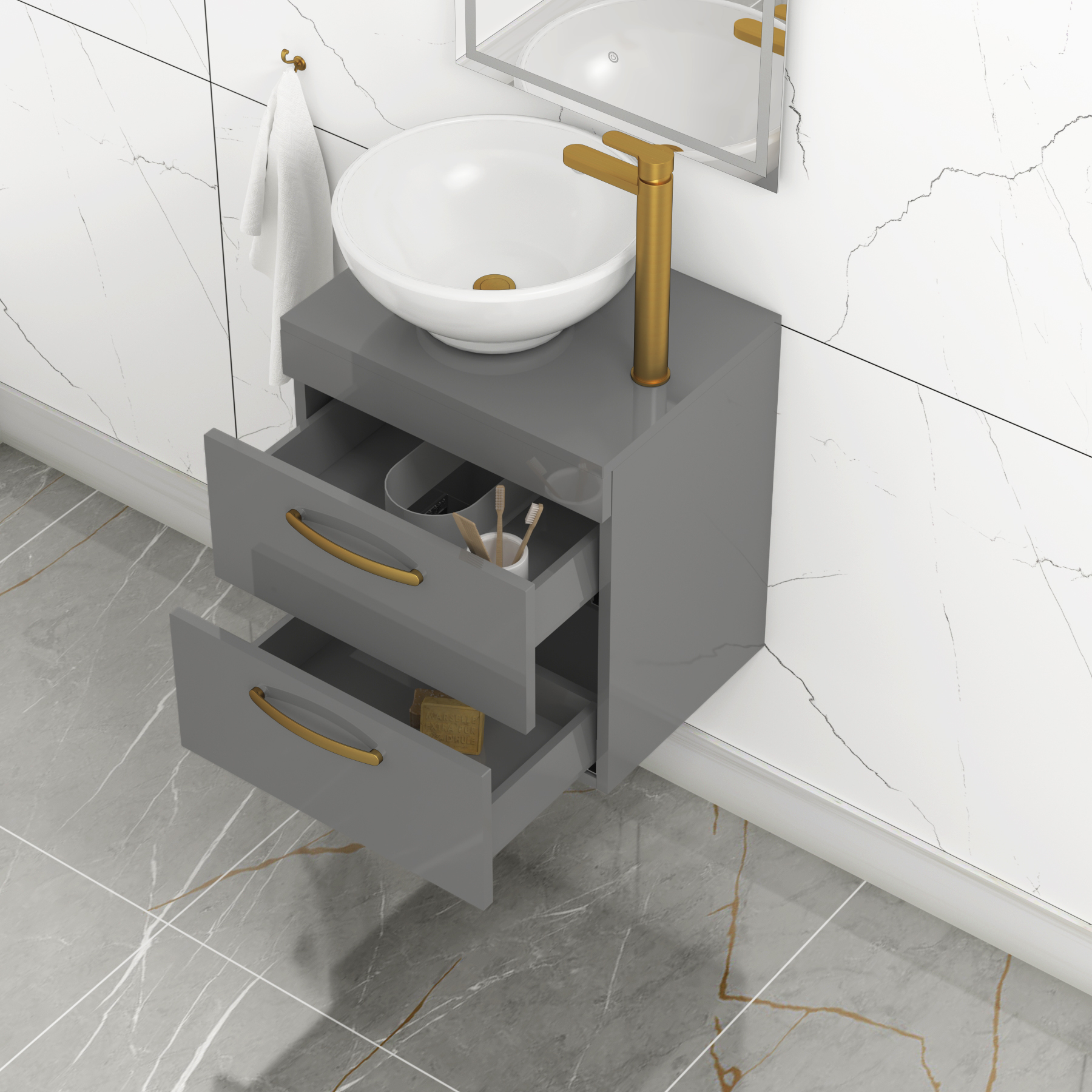 500mm Wall Hung Vanity Unit 2 Drawer Indigo Grey Gloss & Breeze Countertop Basin with Brushed Brass Handle