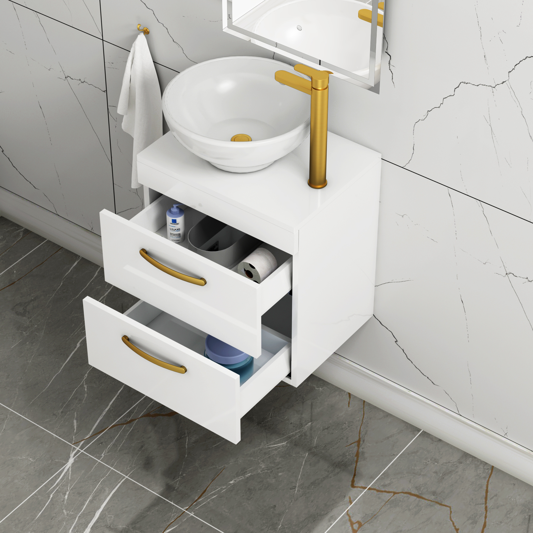500mm Wall Hung Vanity Unit 2 Drawer Gloss White & Breeze Countertop Basin with Brushed Brass Handle