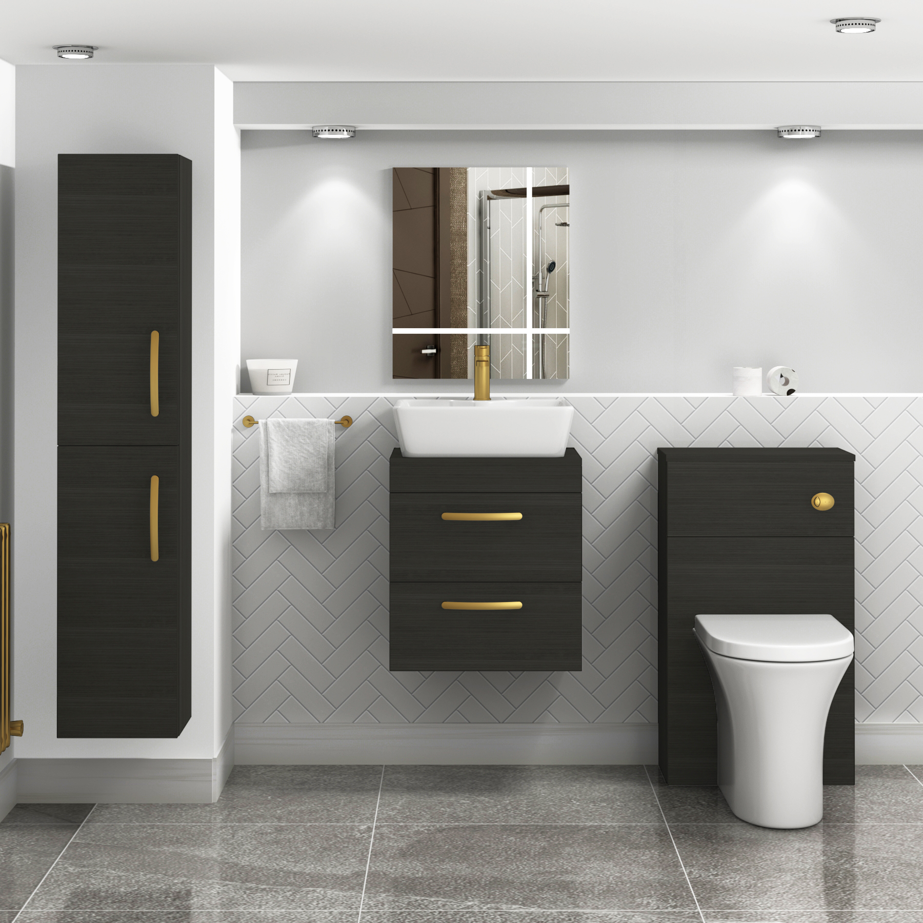 500mm Wall Hung Vanity Unit 2 Drawer Hale Black & Cube Countertop Basin with Brushed Brass Handle