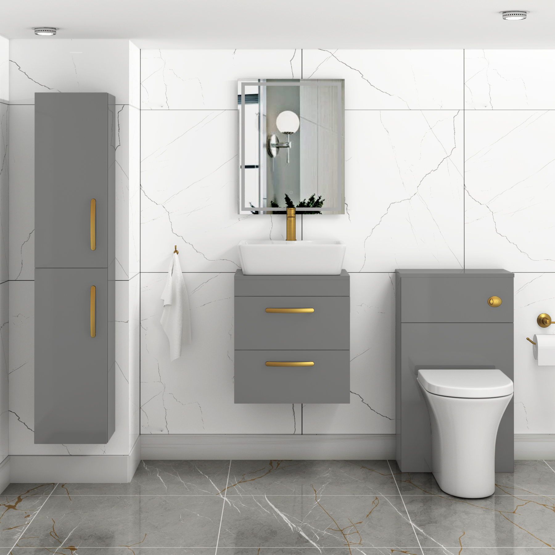 500mm Wall Hung Vanity Unit 2 Drawer Indigo Grey Gloss & Cube Countertop Basin with Brushed Brass Handle