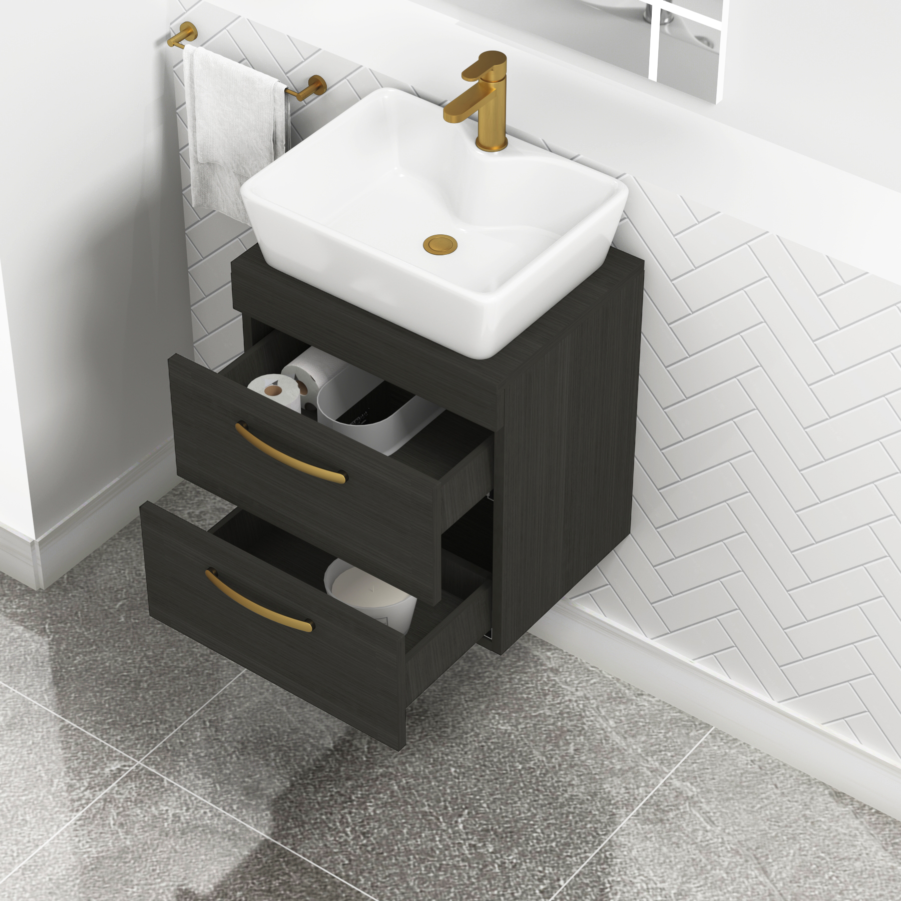 500mm Wall Hung Vanity Unit 2 Drawer Hale Black & Cube Countertop Basin with Brushed Brass Handle