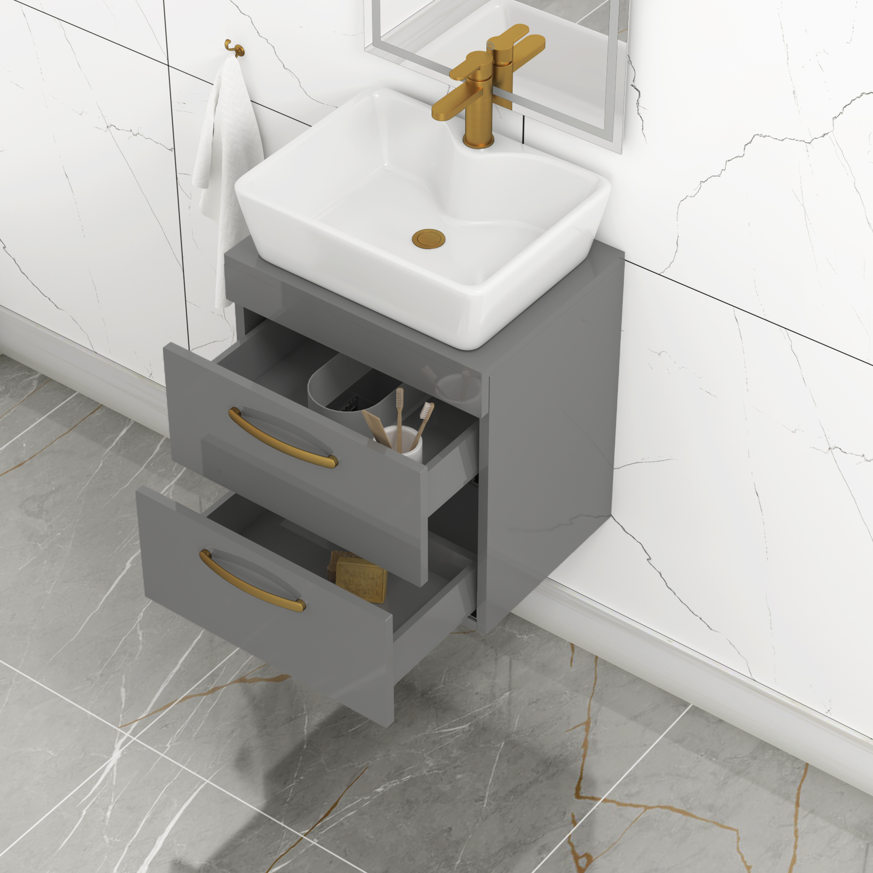 500mm Wall Hung Vanity Unit 2 Drawer Indigo Grey Gloss & Cube Countertop Basin with Brushed Brass Handle