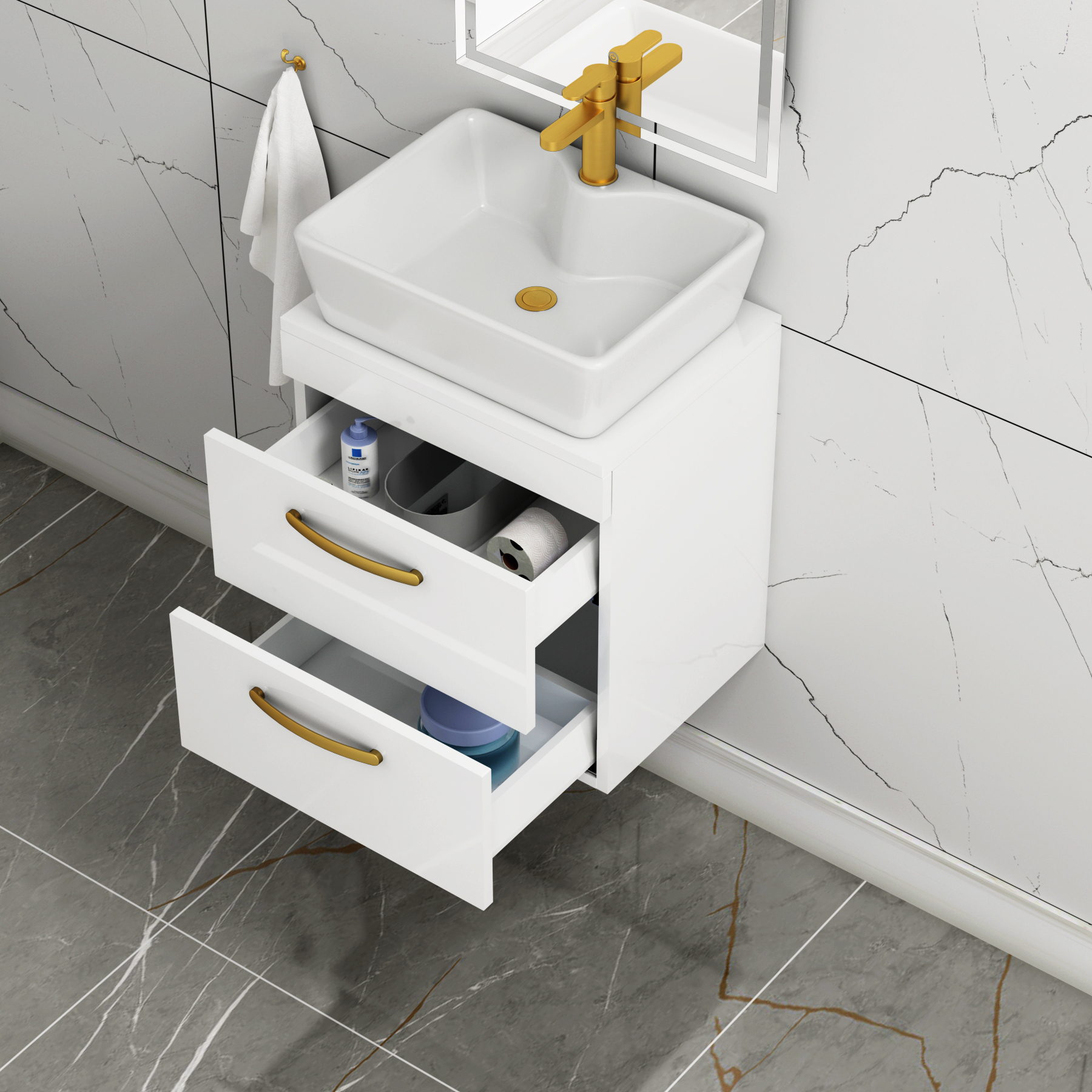 500mm Wall Hung Vanity Unit 2 Drawer Gloss White & Cube Countertop Basin with Brushed Brass Handle