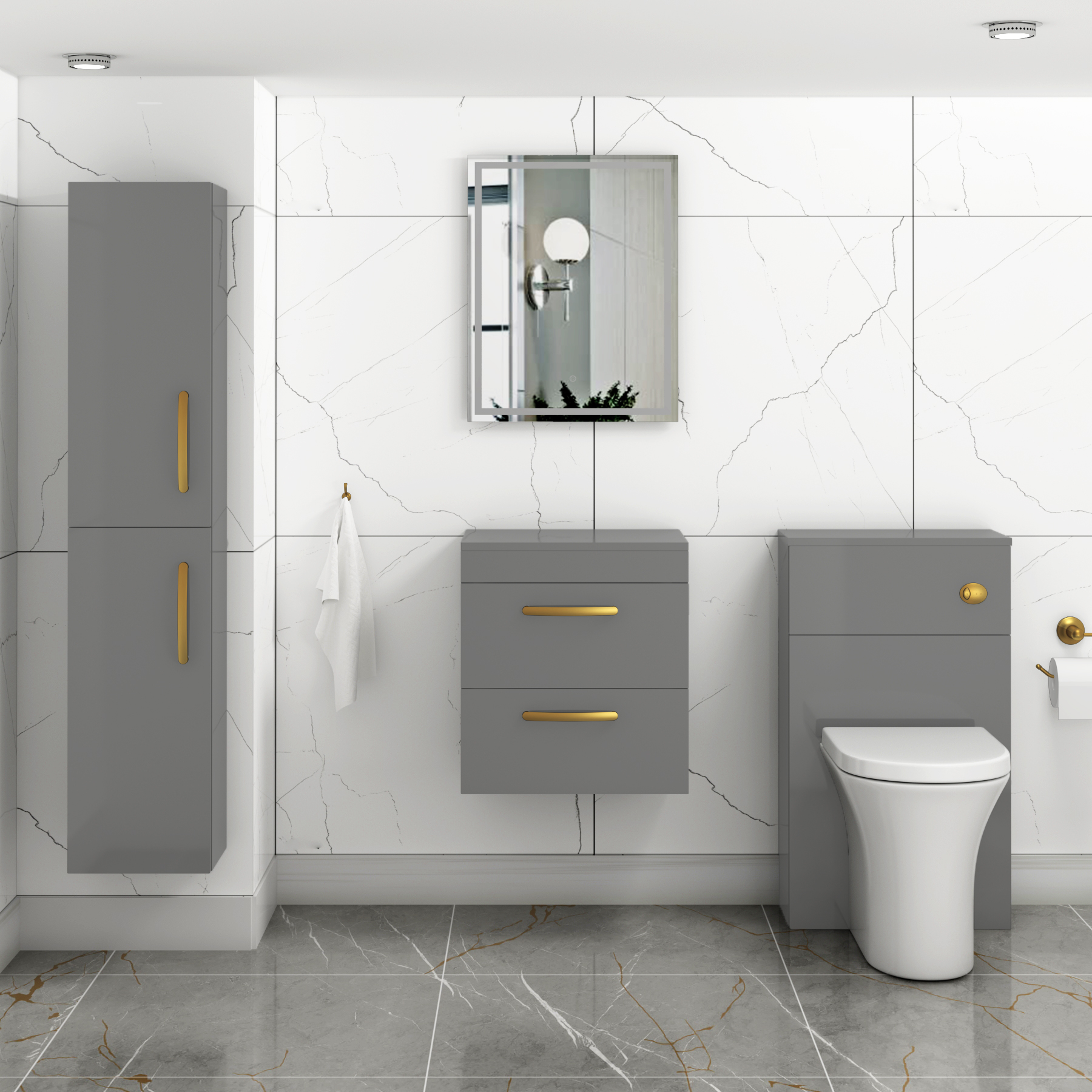 500mm Wall Hung Vanity Unit 2 Drawer Indigo Grey Gloss - Storage Cabinetwith Brushed Brass Handle
