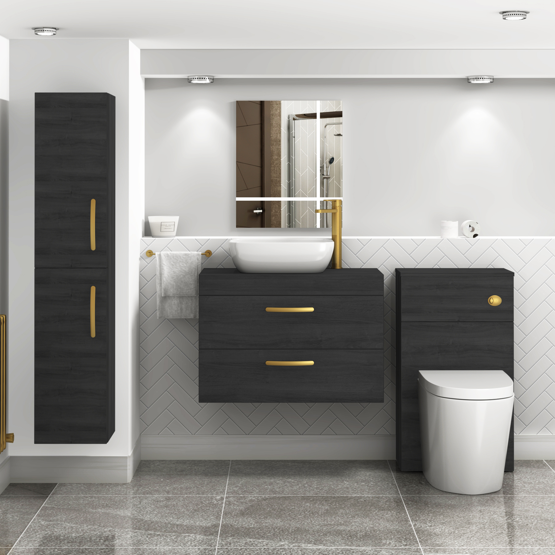 800mm Wall Hung Vanity Unit 2 Drawer Hale Black & Elva Countertop Basin with Brushed Brass Handle