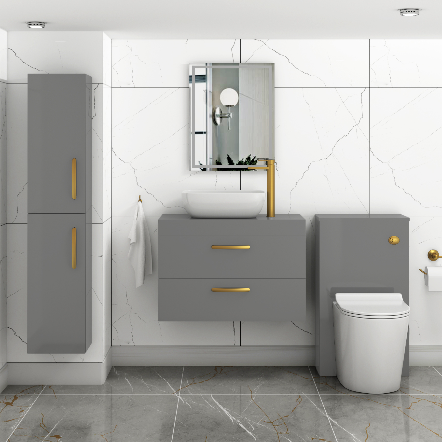 800mm Wall Hung Vanity Unit 2 Drawer Indigo Grey Gloss & Elva Countertop Basin with Brushed Brass Handle
