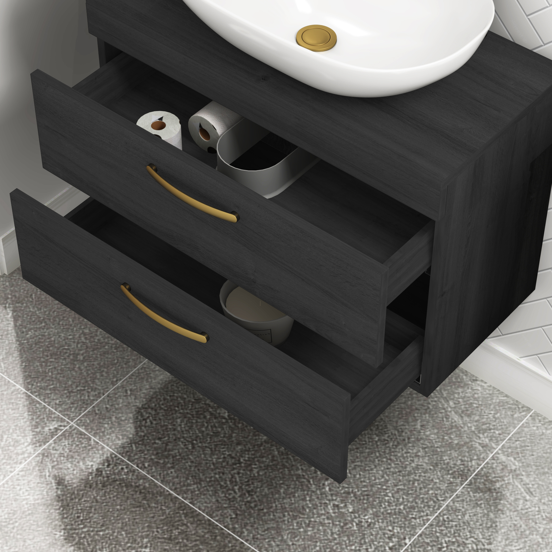 800mm Wall Hung Vanity Unit 2 Drawer Hale Black & Elva Countertop Basin with Brushed Brass Handle