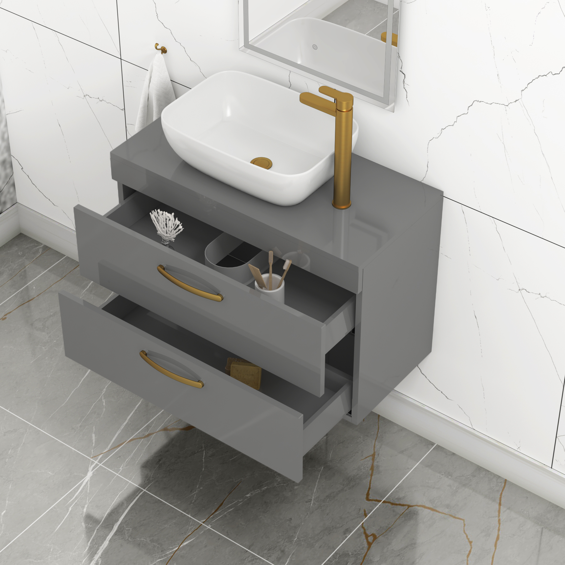 800mm Wall Hung Vanity Unit 2 Drawer Indigo Grey Gloss & Elva Countertop Basin with Brushed Brass Handle