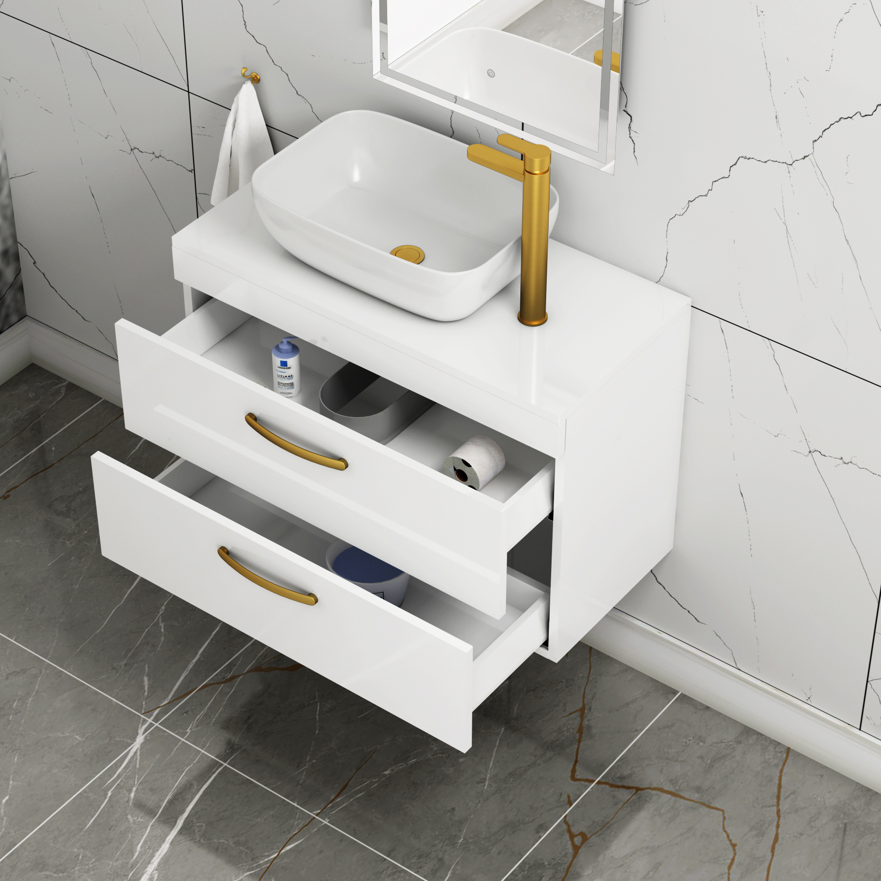 800mm Wall Hung Vanity Unit 2 Drawer Gloss White & Elva Countertop Basin with Brushed Brass Handle