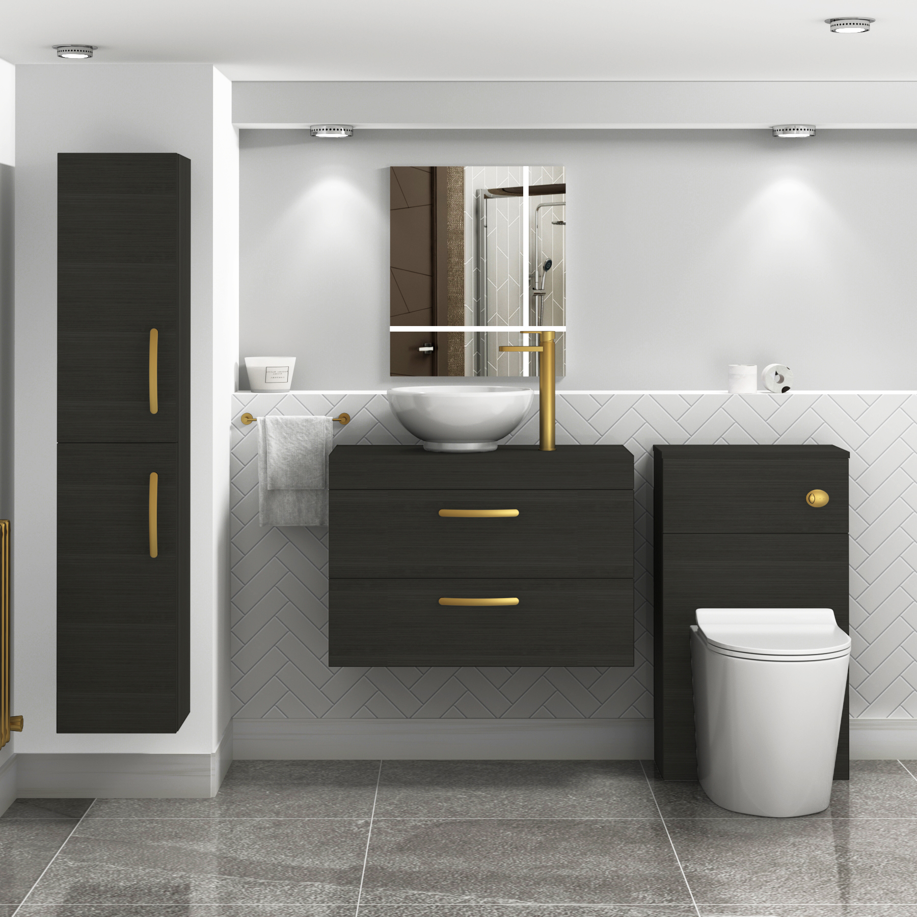 800mm Wall Hung Vanity Unit 2 Drawer Hale Black & Breeze Countertop Basin with Brushed Brass Handle