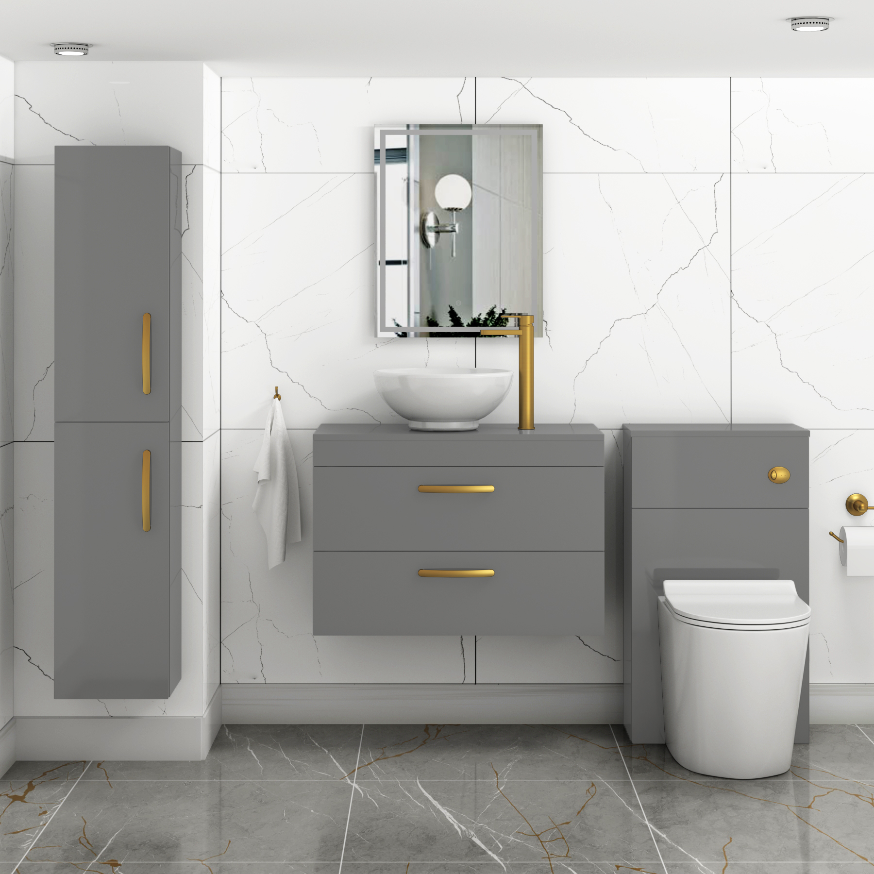 800mm Wall Hung Vanity Unit 2 Drawer Indigo Grey Gloss & Breeze Countertop Basin with Brushed Brass Handle
