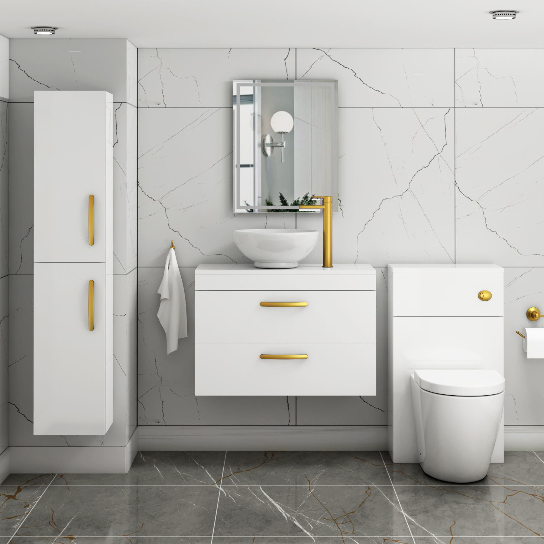 800mm Wall Hung Vanity Unit 2 Drawer Gloss White & Breeze Countertop Basin with Brushed Brass Handle