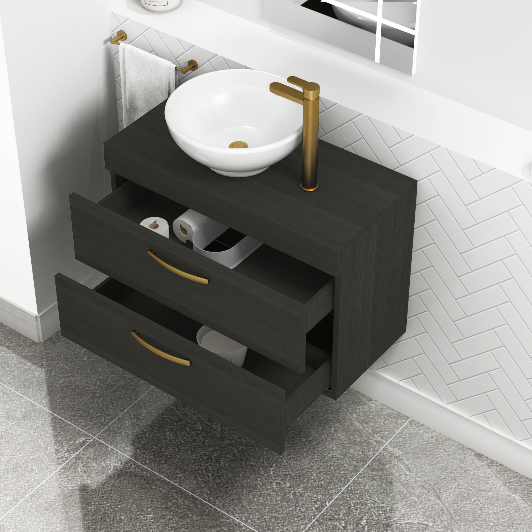 800mm Wall Hung Vanity Unit 2 Drawer Hale Black & Breeze Countertop Basin with Brushed Brass Handle