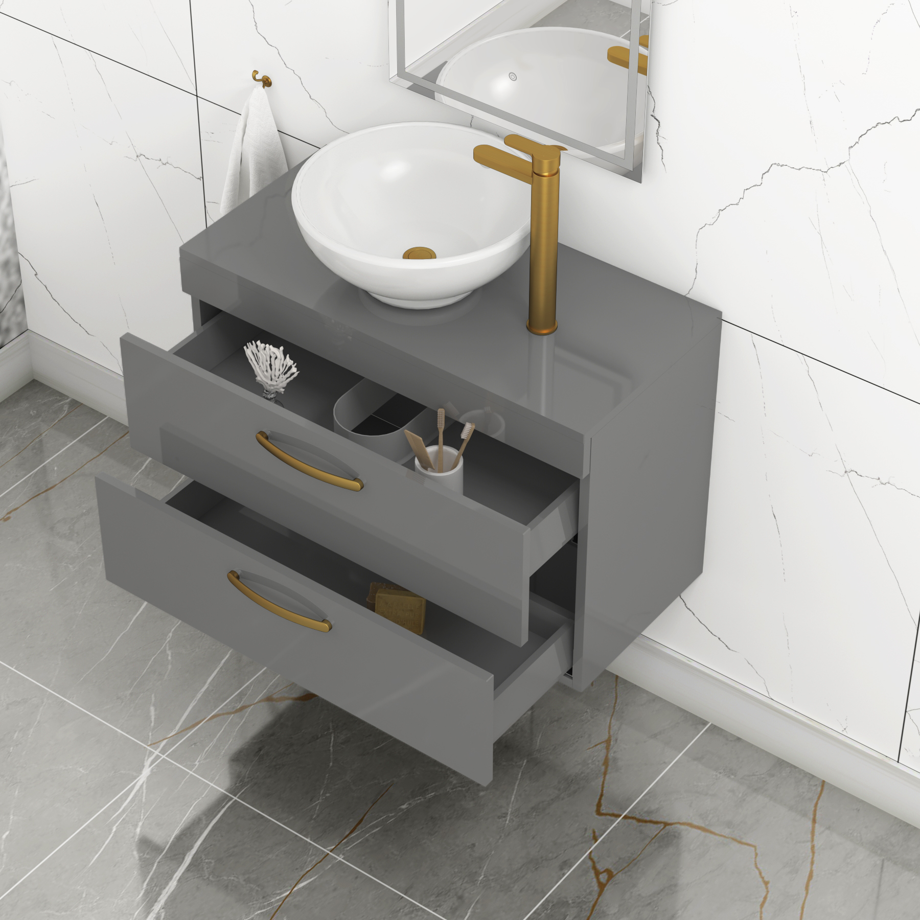 800mm Wall Hung Vanity Unit 2 Drawer Indigo Grey Gloss & Breeze Countertop Basin with Brushed Brass Handle