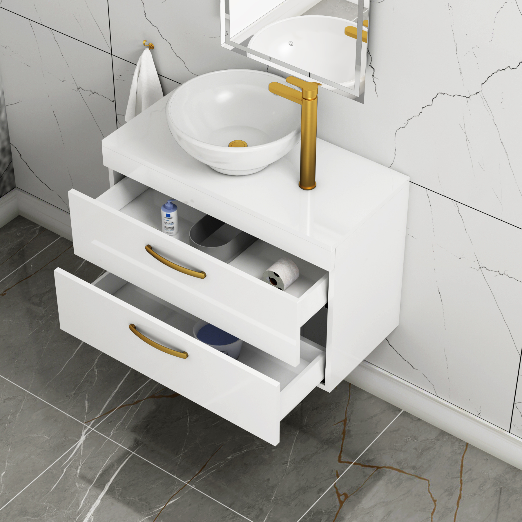800mm Wall Hung Vanity Unit 2 Drawer Gloss White & Breeze Countertop Basin with Brushed Brass Handle