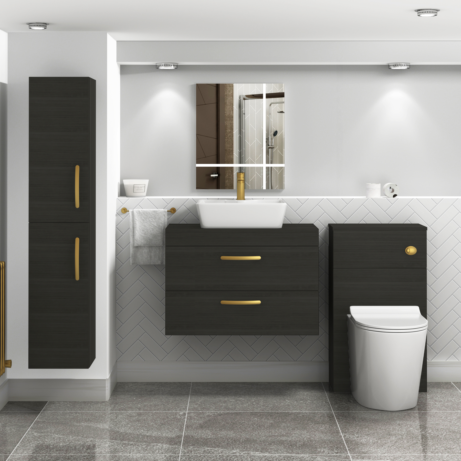 800mm Wall Hung Vanity Unit 2 Drawer Hale Black & Cube Countertop Basin with Brushed Brass Handle
