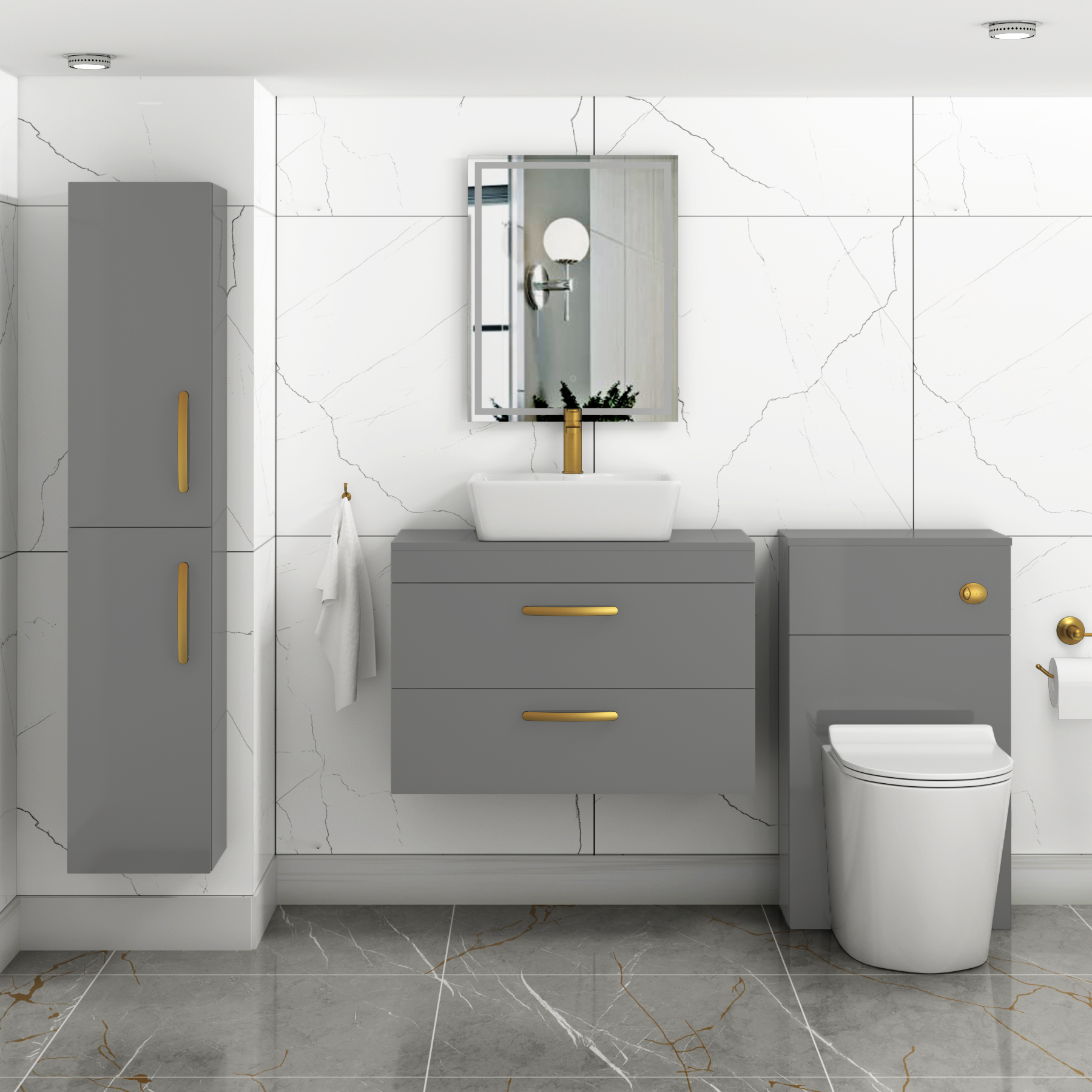 800mm Wall Hung Vanity Unit 2 Drawer Indigo Grey Gloss & Cube Countertop Basin with Brushed Brass Handle