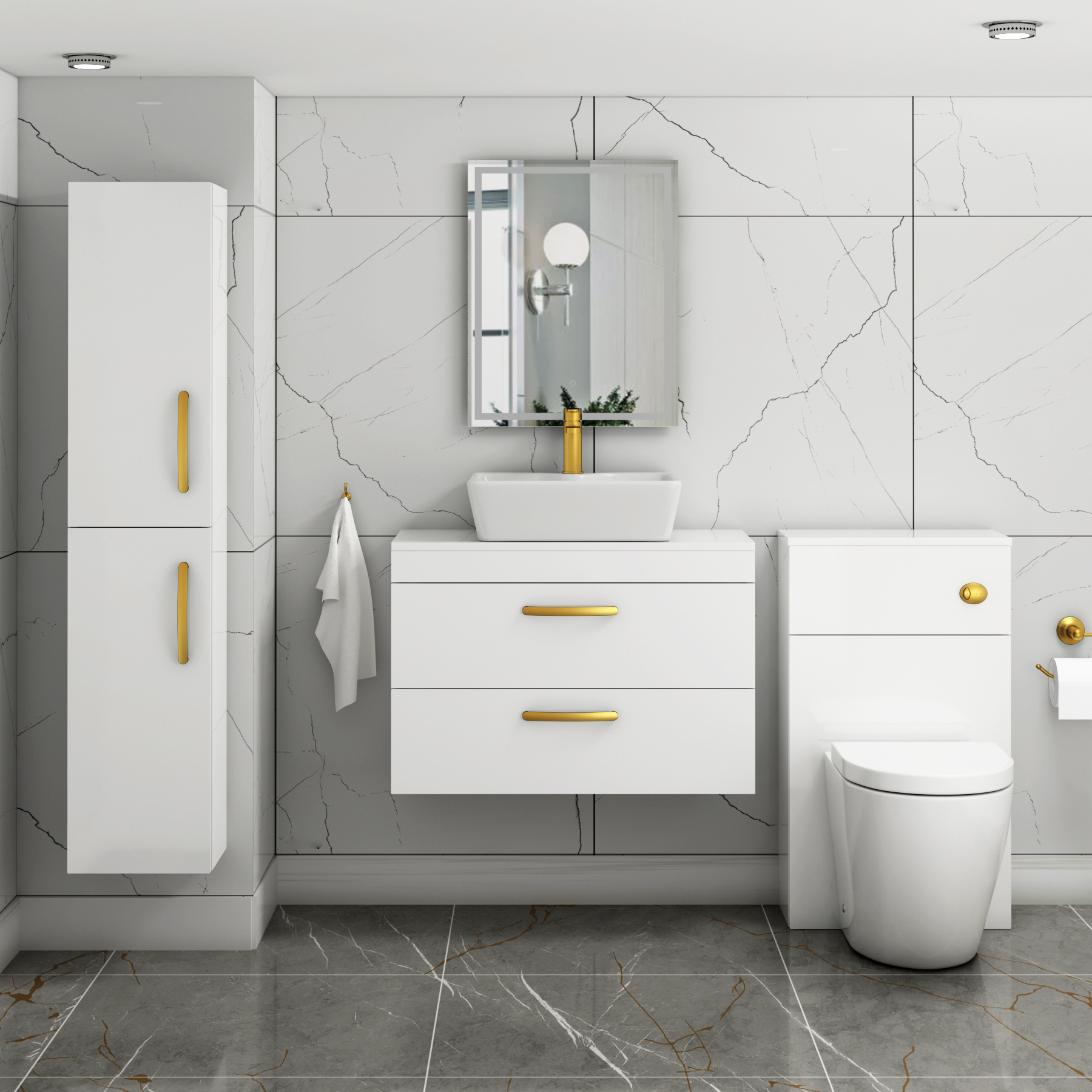 800mm Wall Hung Vanity Unit 2 Drawer Gloss White & Cube Countertop Basin with Brushed Brass Handle