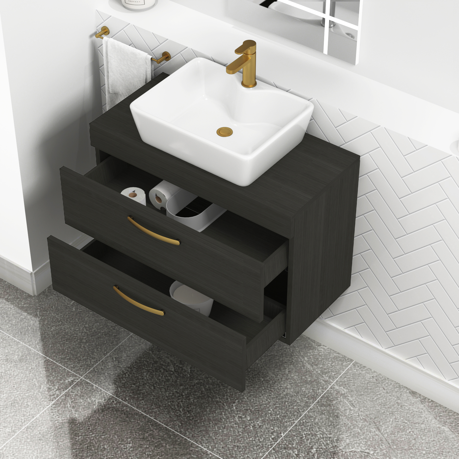 800mm Wall Hung Vanity Unit 2 Drawer Hale Black & Cube Countertop Basin with Brushed Brass Handle